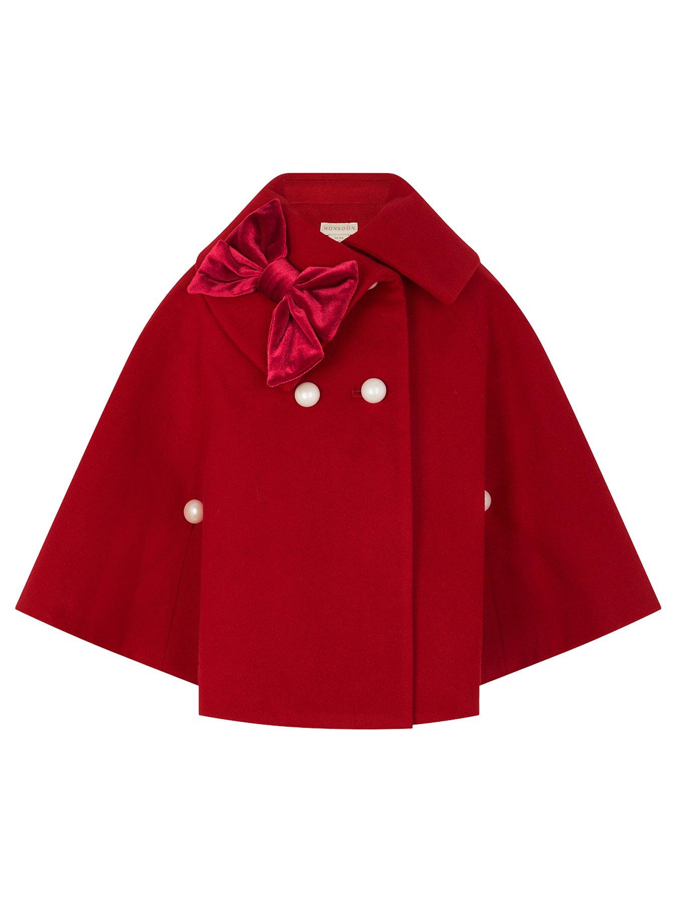 Monsoon Girls Velvet Bow Cape - Red
