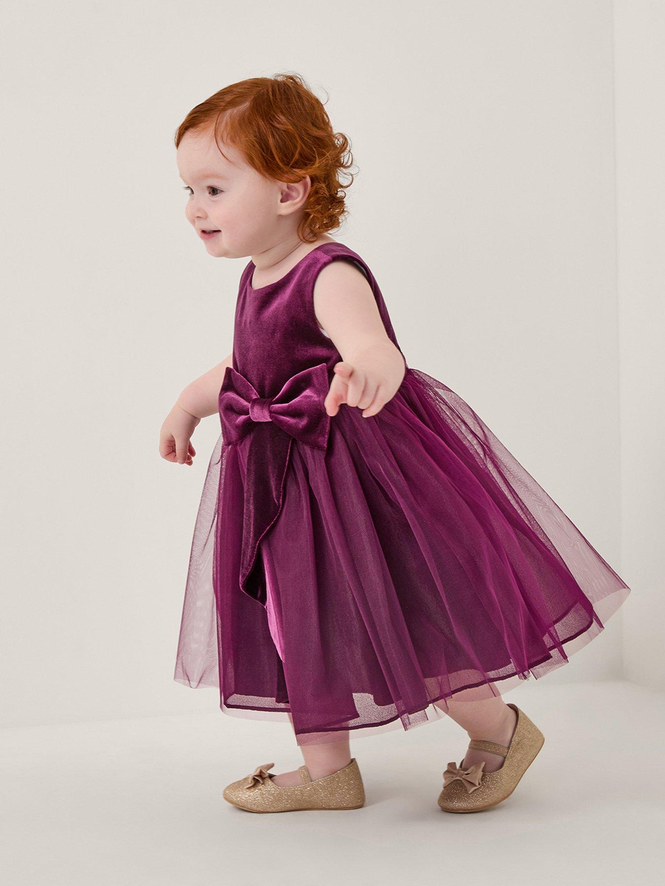 Monsoon Baby Girls Velvet Waterfall Bow Dress - Purple