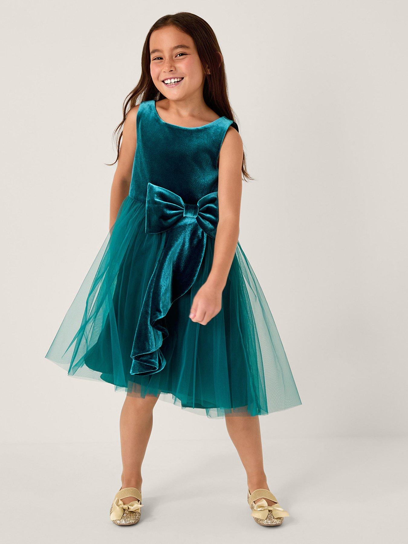 Monsoon Girls Velvet Waterfall Bow Dress - Green