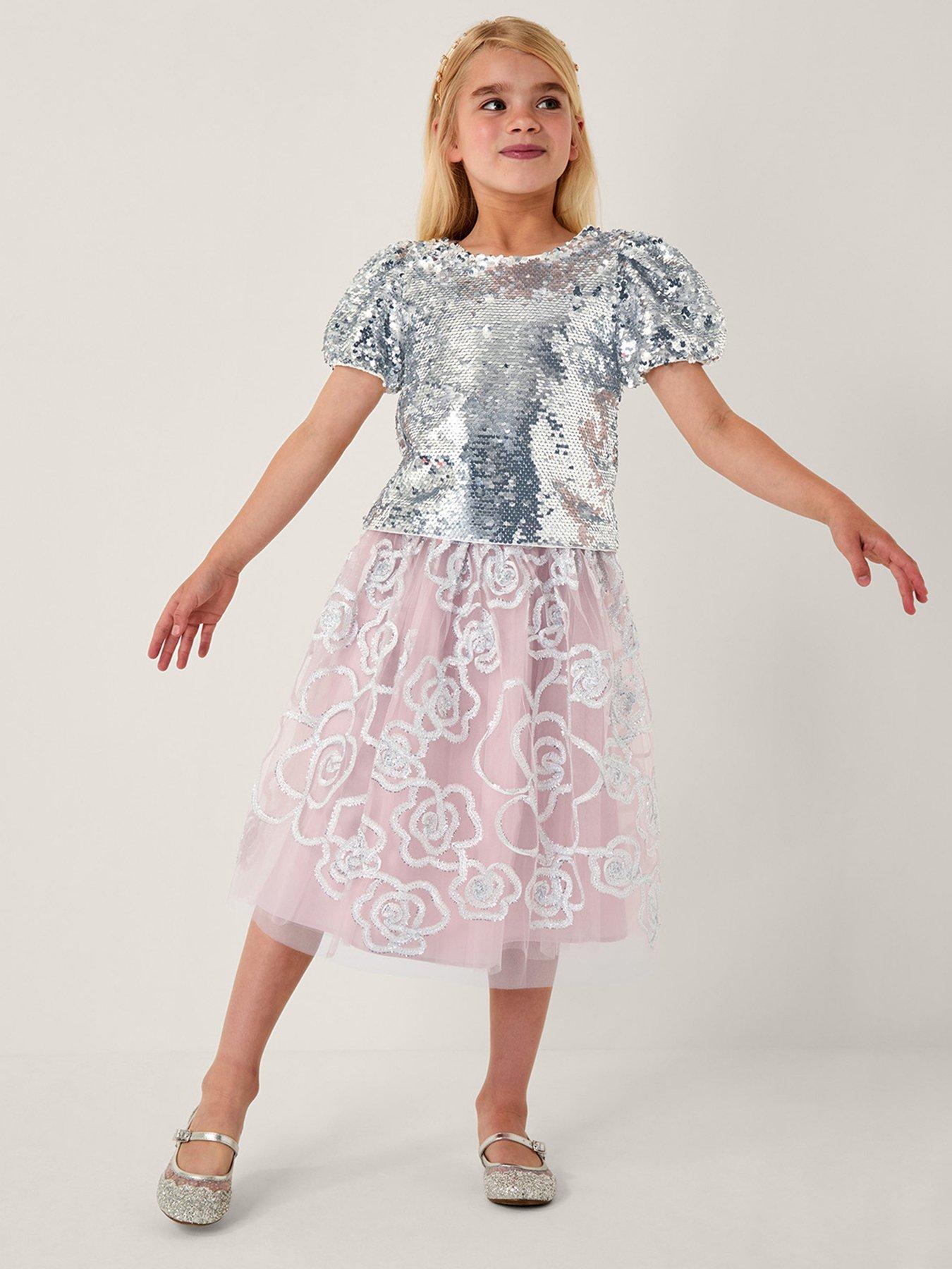 Monsoon Girls Sequin Tinsel Puff Sleeve Top - Silver