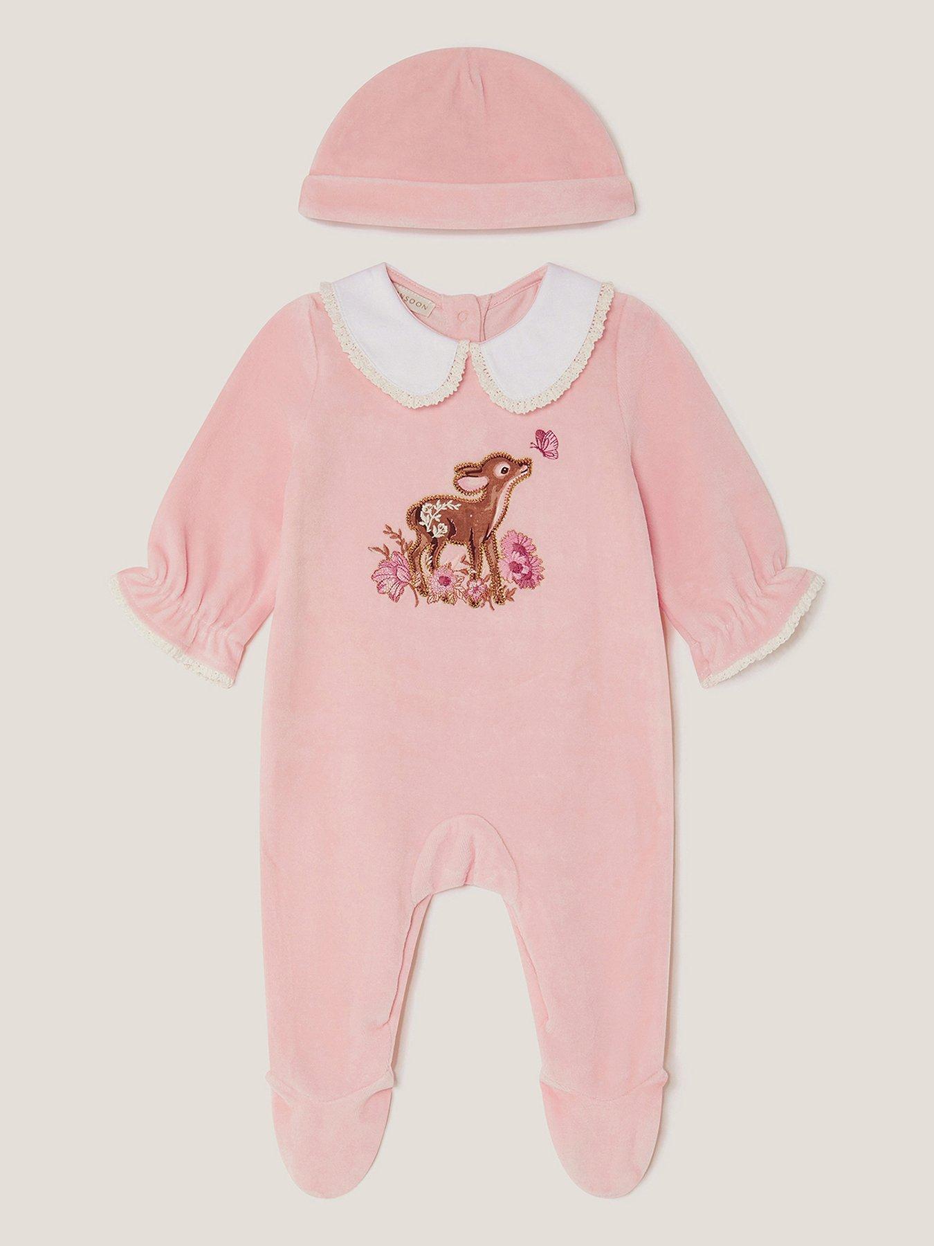 Monsoon Baby Girls Felicity Fawn Sleepsuit  &  Hat Set - Pink