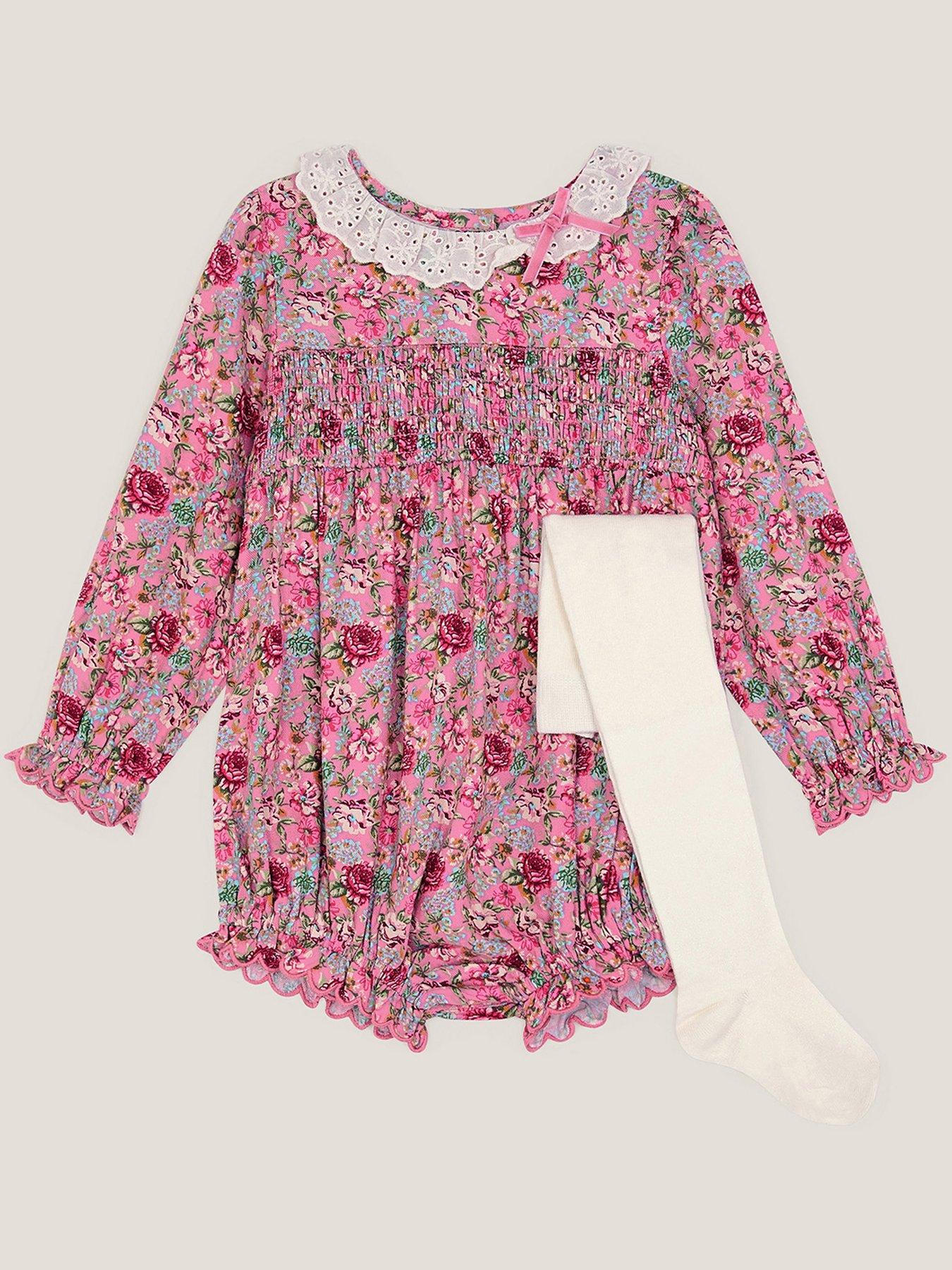 Monsoon Baby Girls Dollie Ditsy Viscose Romper  &  Tights - Pink