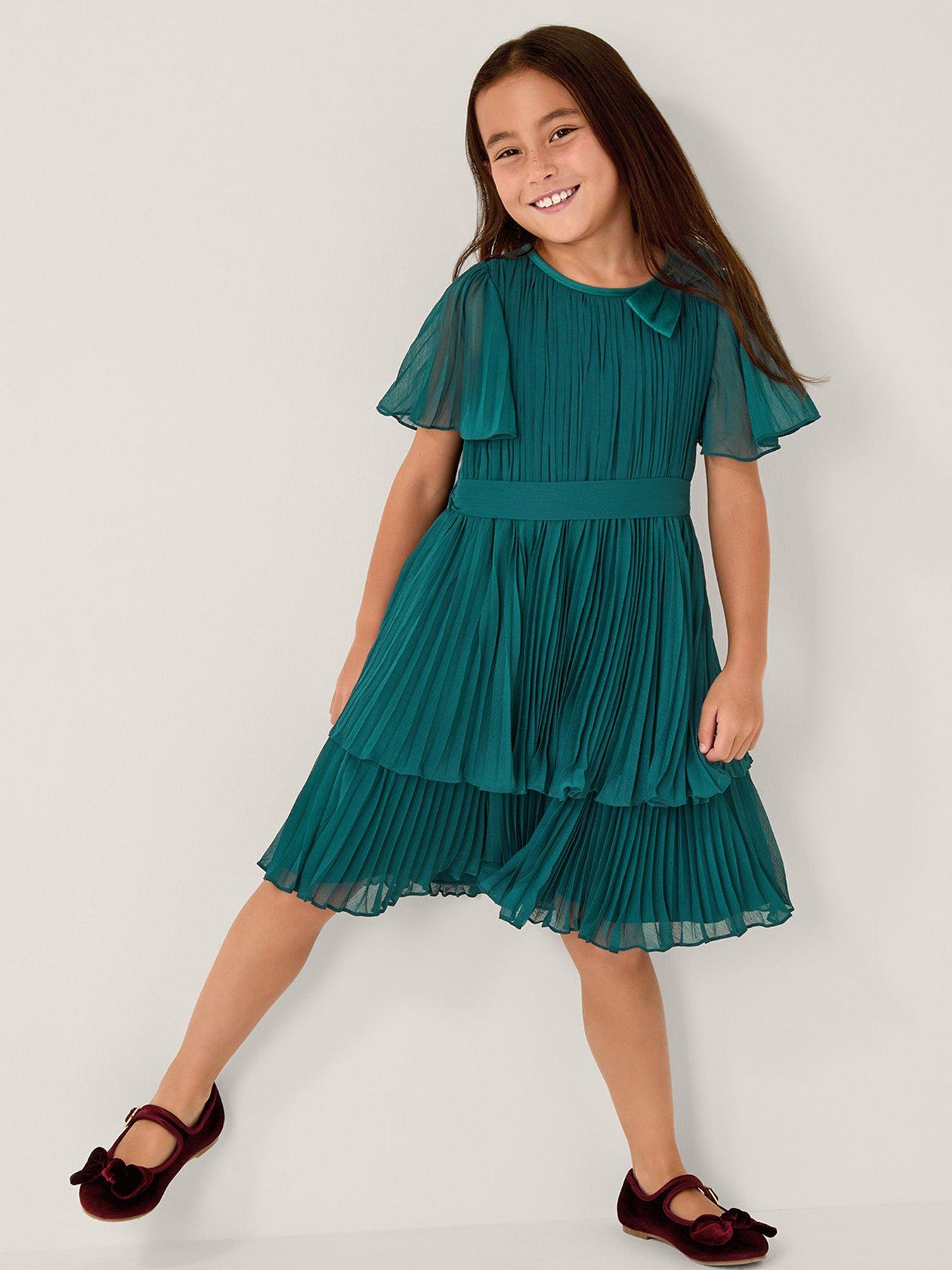 Monsoon Girls Alicia Pleated Velvet Bow Dress - Green