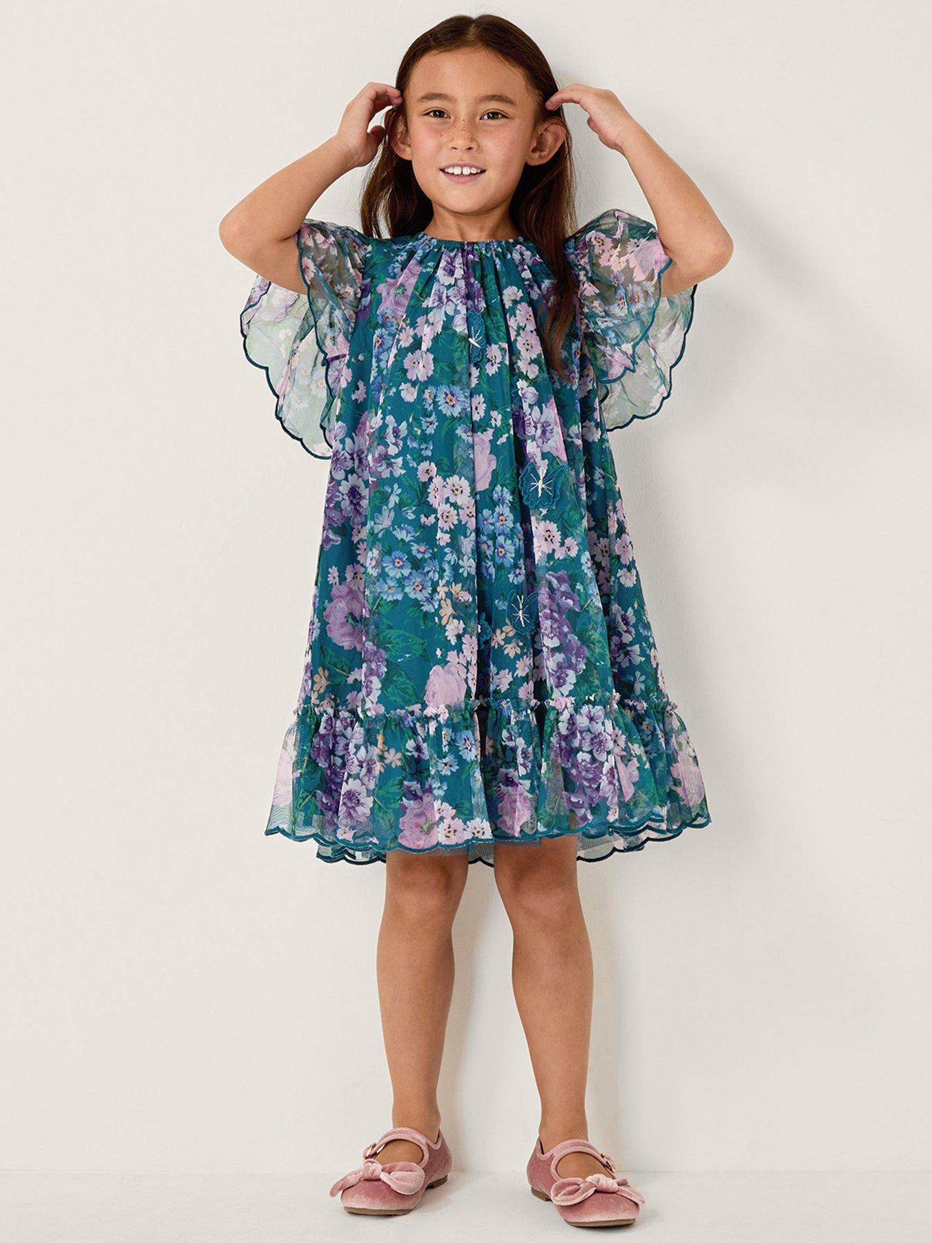 Monsoon Girls Wildflower Tulle Swing Dress - Green