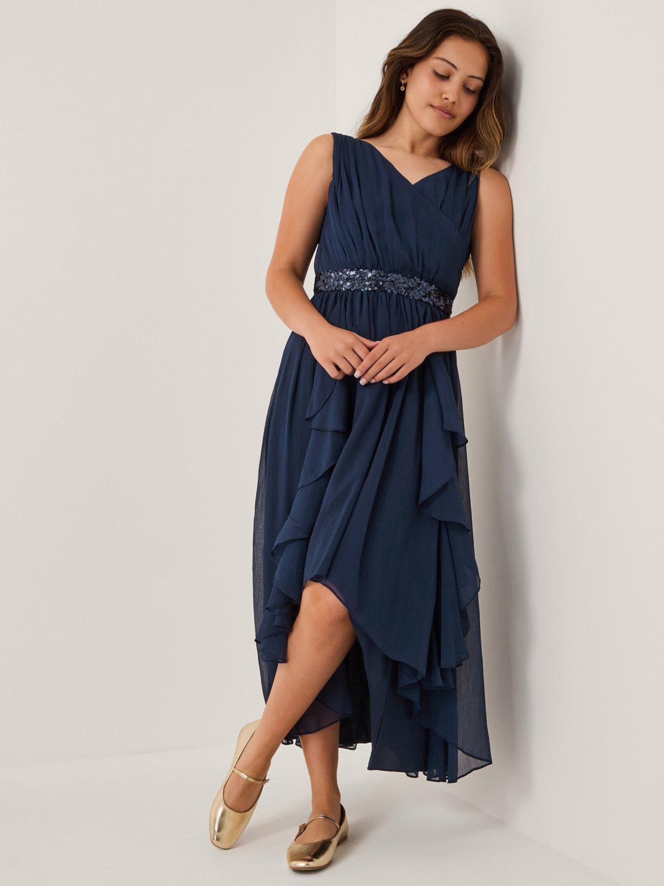 Monsoon Girls Clemmie Sequin Chiffon Dress - Navy