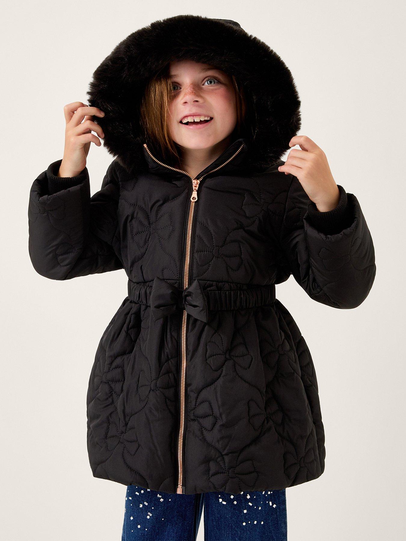 Monsoon Girls Bow Waisted Quilted Coat - Black