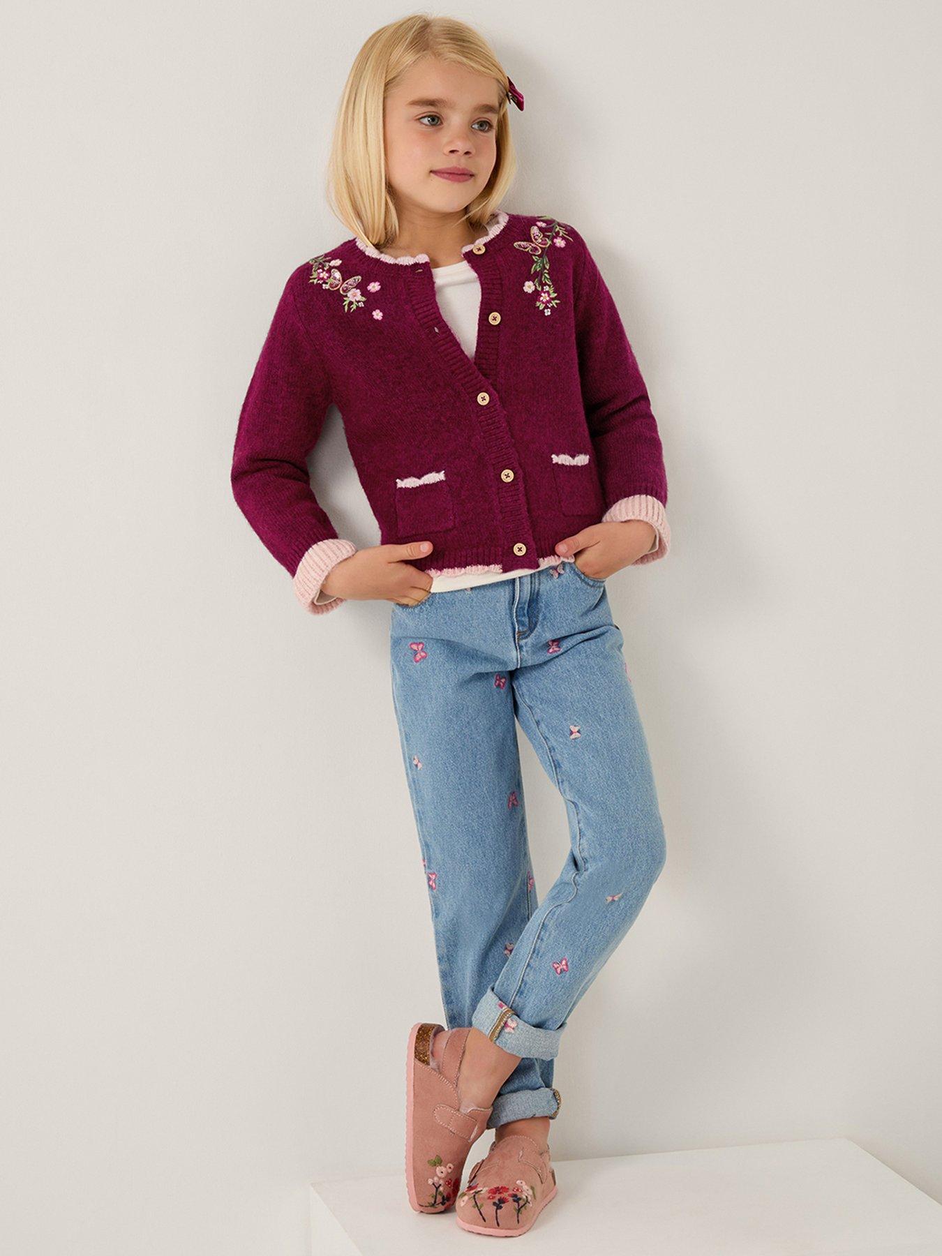 Monsoon Girls Floral Embroidered Cardigan - Dark Red