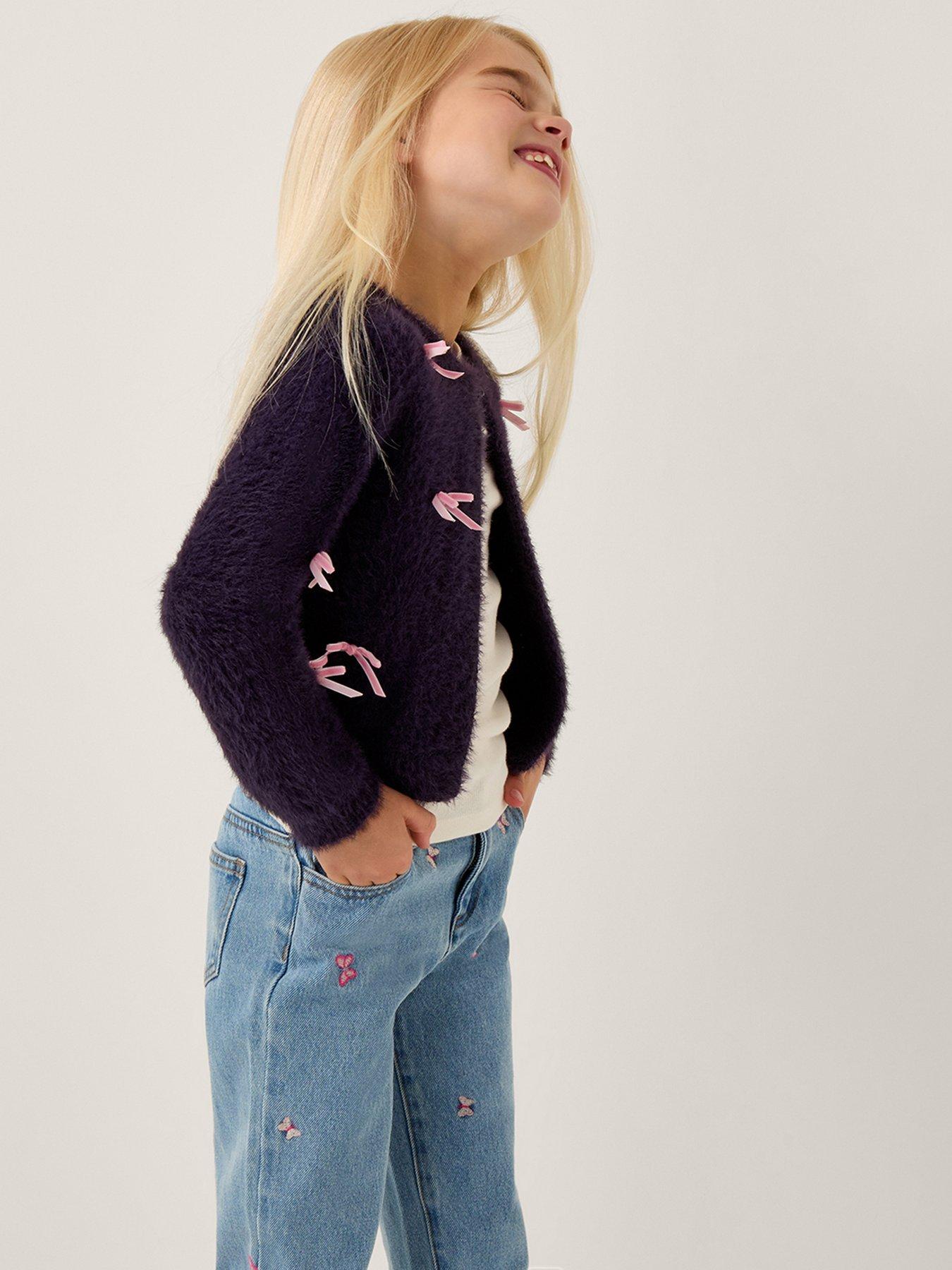 Monsoon Girls Bow Trim Eyelash Knitted Cardigan - Navy