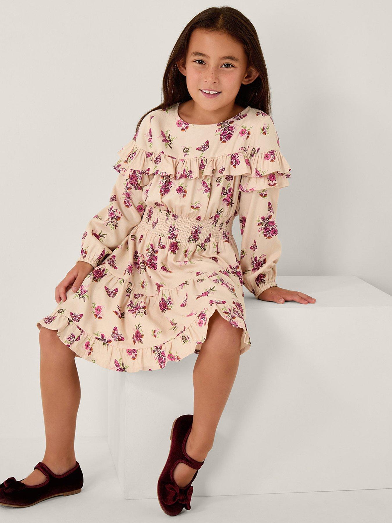 Monsoon Girls Butterfly Floral Twill Dress - Light Cream