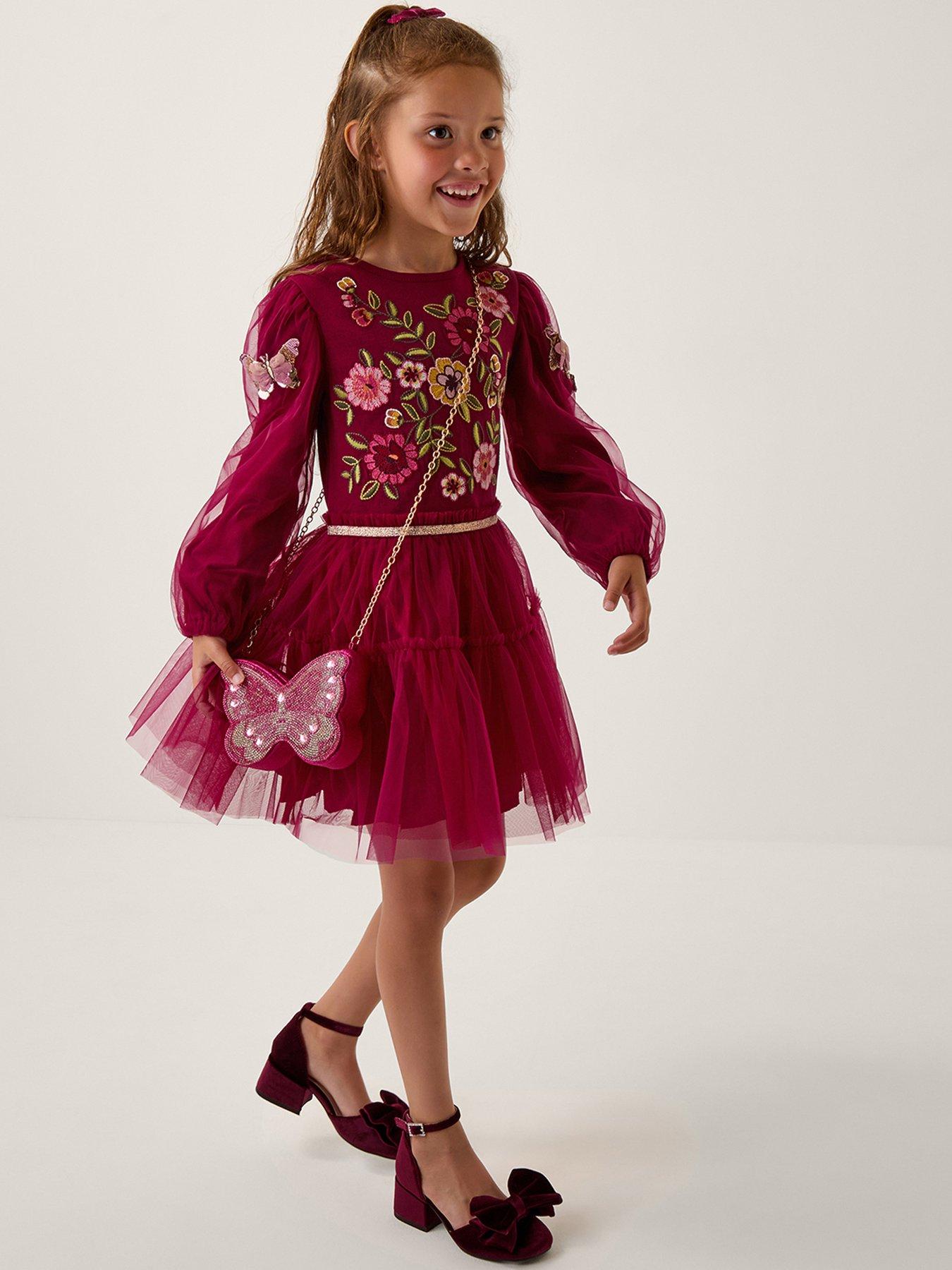 Monsoon Girls Embroidered Butterfly Disco Dress - Dark Red