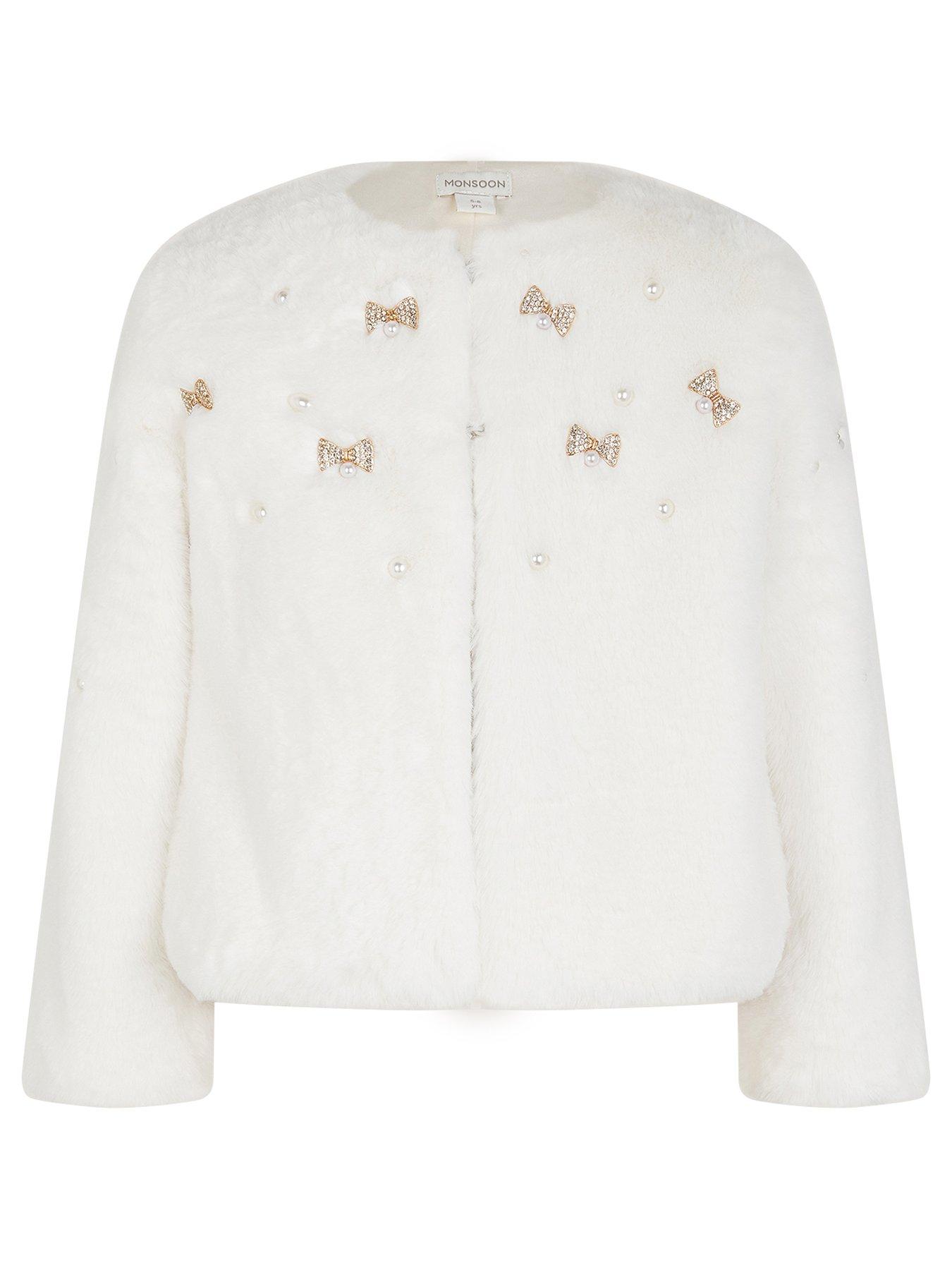 Monsoon Girls Embellished Faux Fur Coat - Light Cream