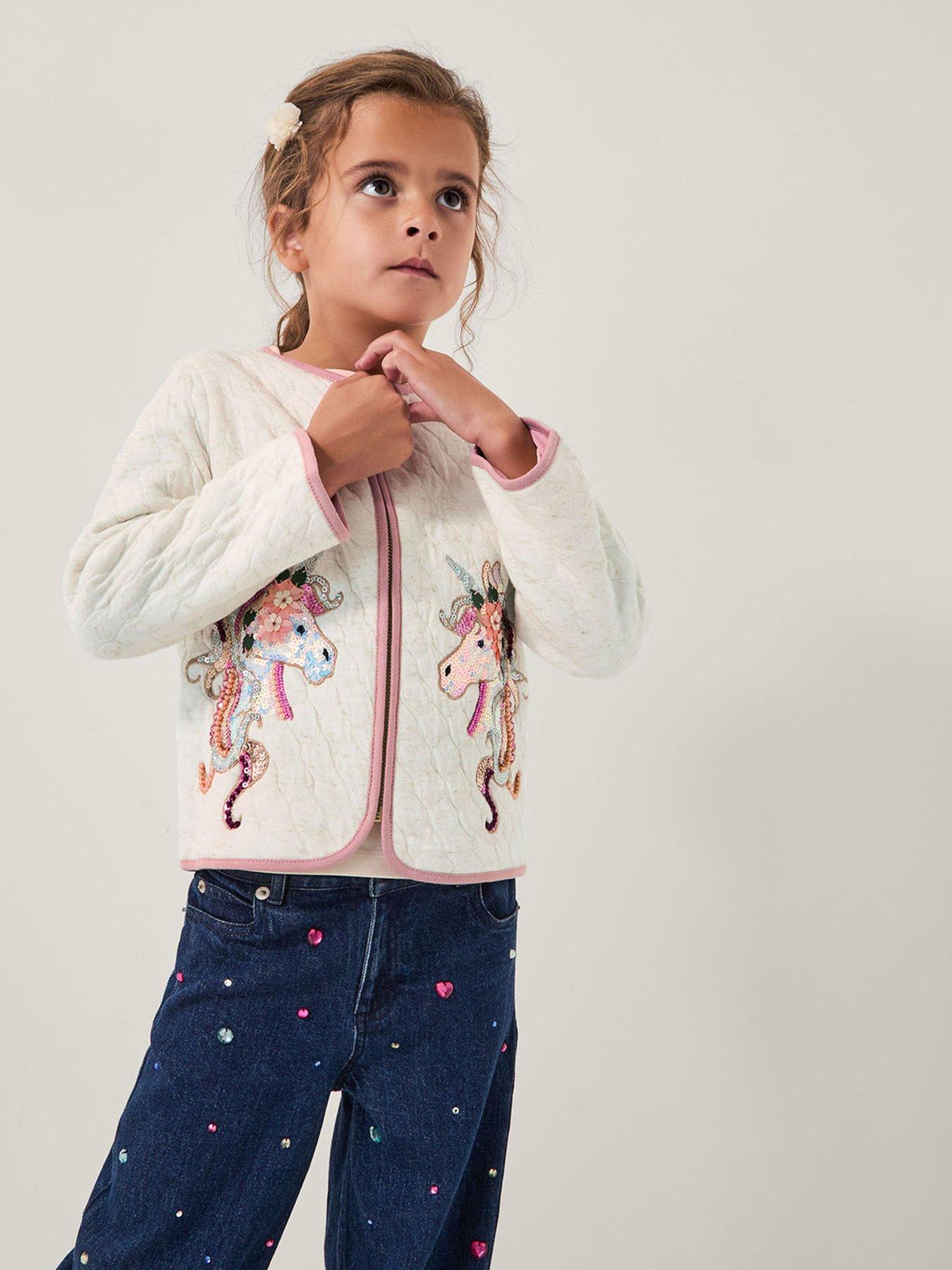 Monsoon Girls Unicorn Embroidered Bomber Jacket - Light Cream