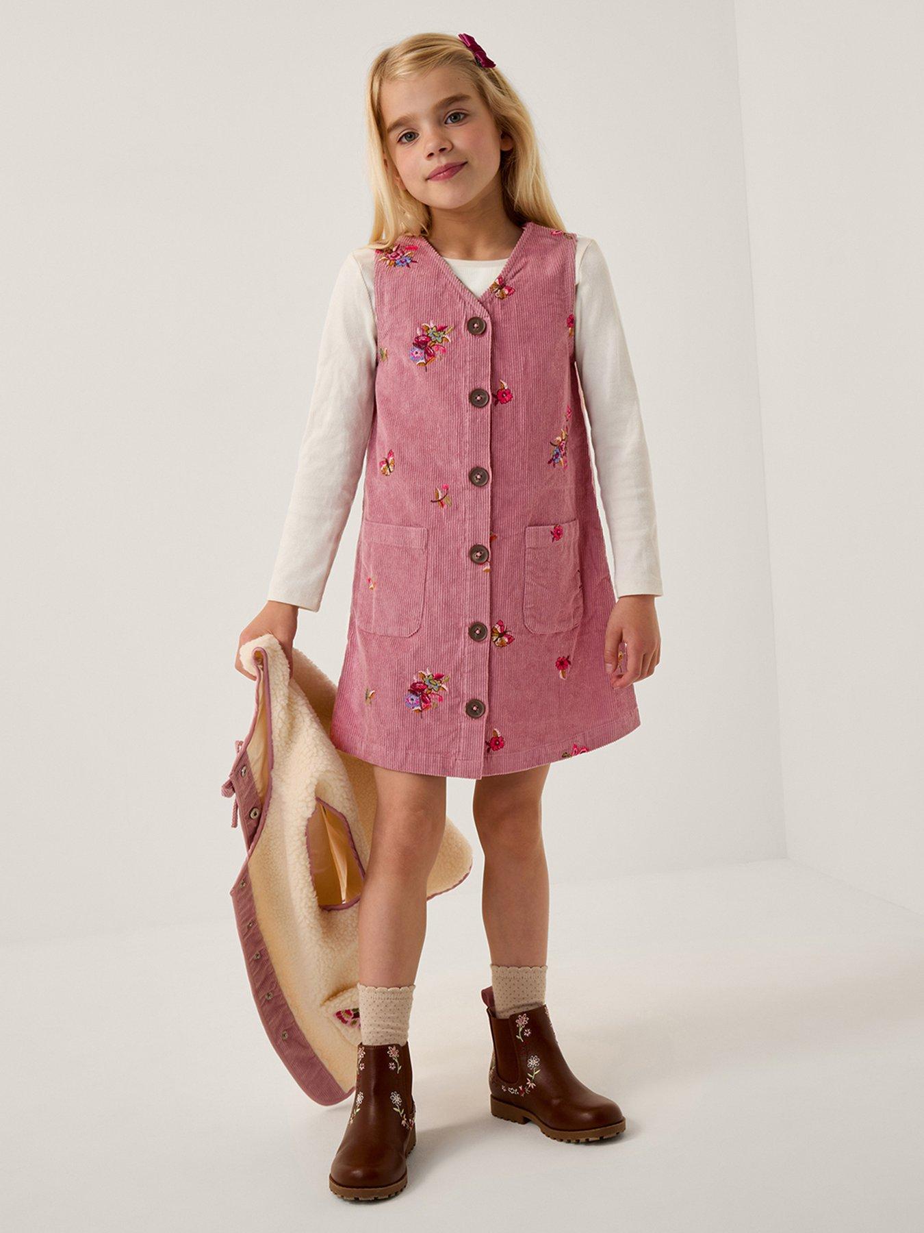 Monsoon Girls Cord All Over Embroidered Pinny Dress - Pink