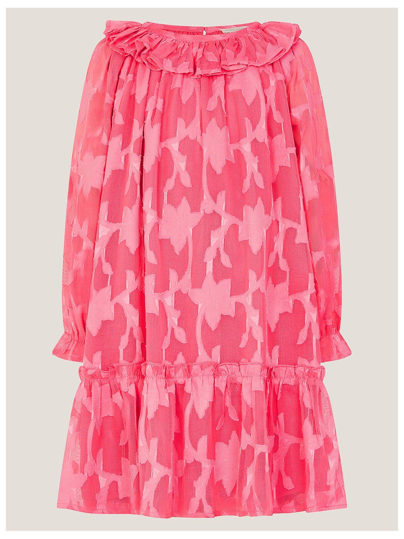 Monsoon Girls Long Sleeve Raspberry Burnout Dress - Pink
