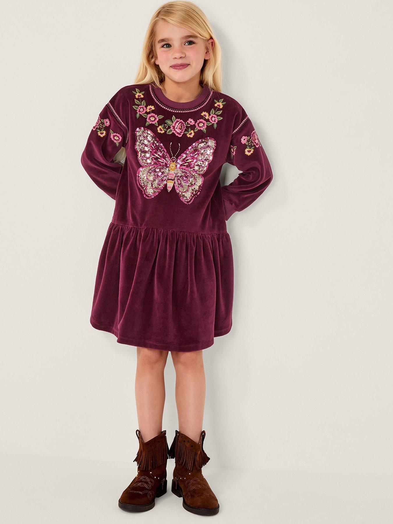 Monsoon Girls Butterfly Velour Embellished Dress - Dark Red