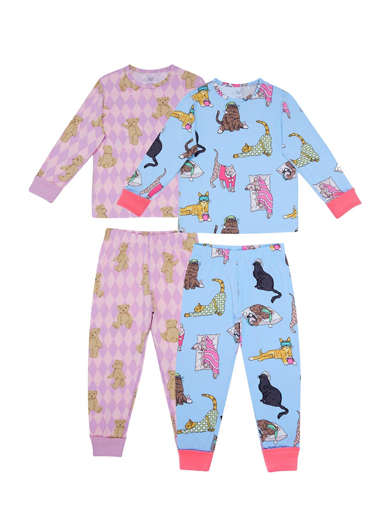 Image 1 of 4 of CHELSEA PEERS Unisex Kids 2 Pack Argyle Bear And Sleeping Cats Pyjamas - Light Purple