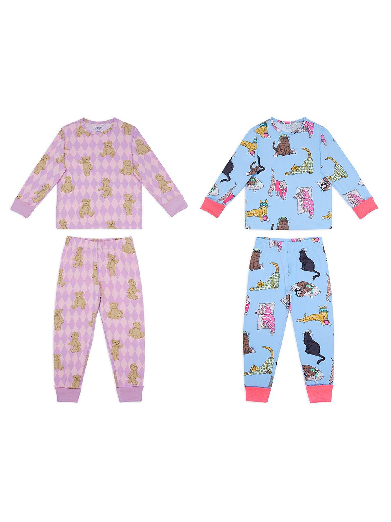 Image 2 of 4 of CHELSEA PEERS Unisex Kids 2 Pack Argyle Bear And Sleeping Cats Pyjamas - Light Purple