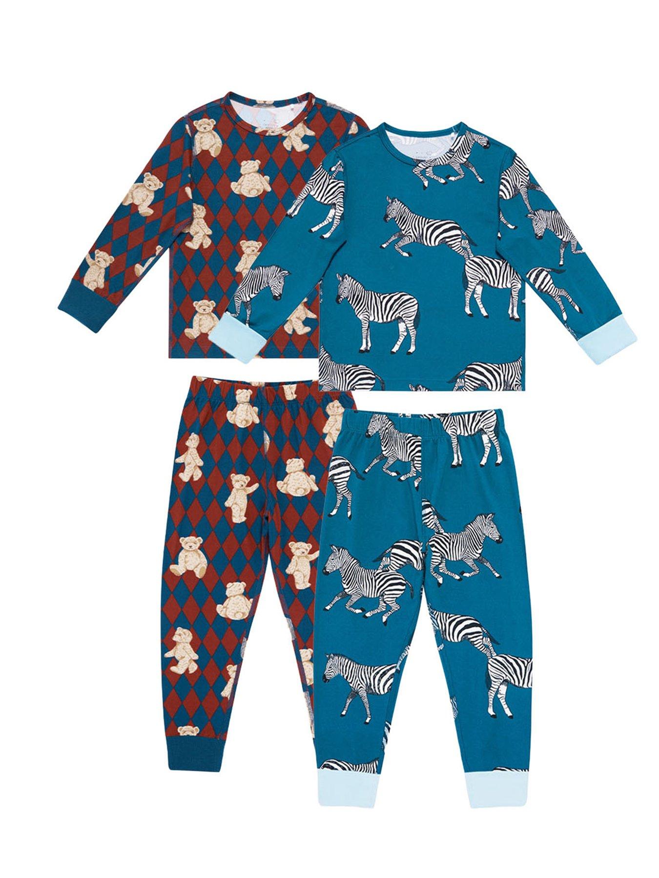 chelsea-peers-unisex-kids-2-pack-argyle-bear-and-zebra-print-pyjamas-multi
