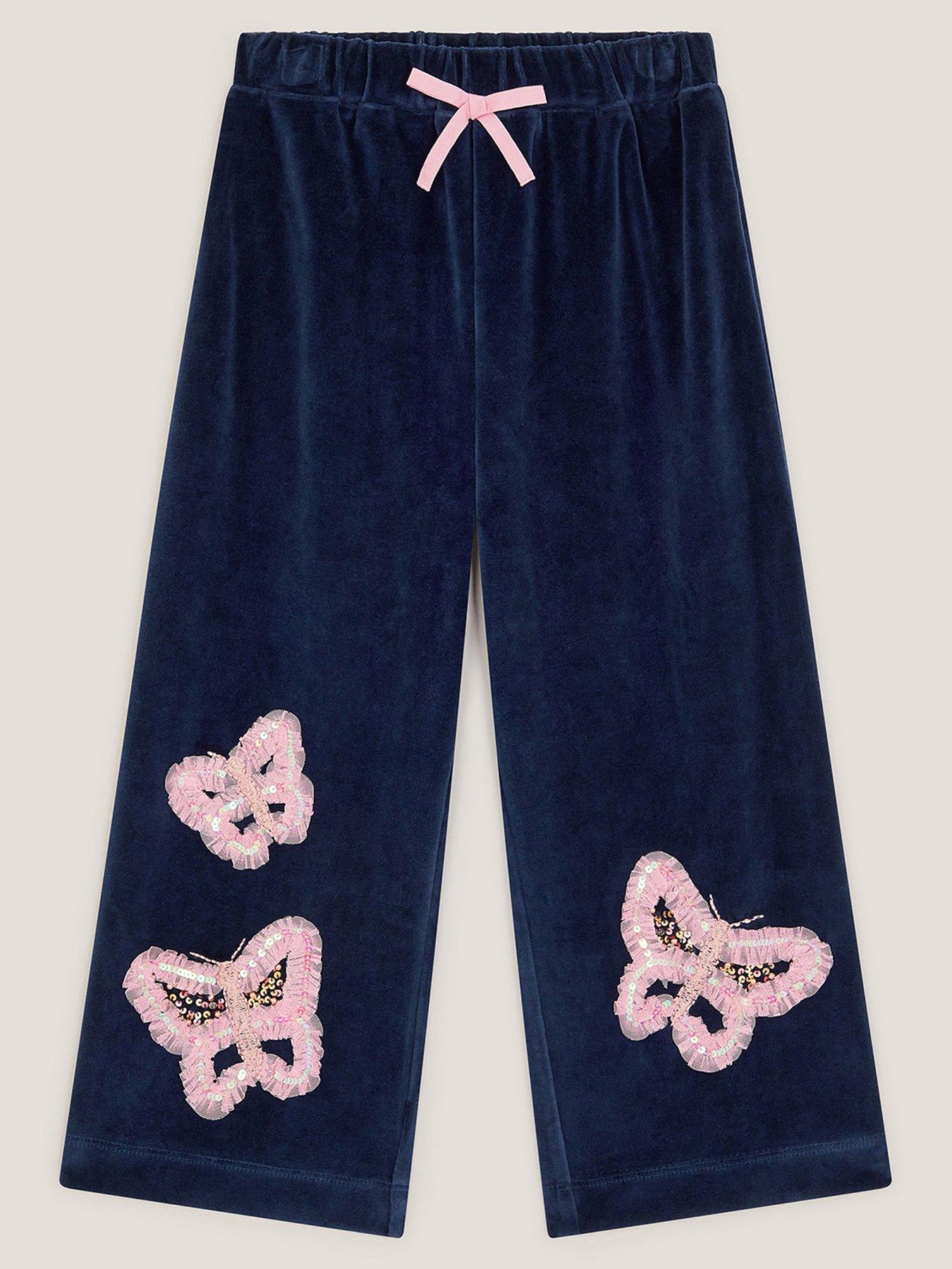 Monsoon Girls Butterfly Embroidered Wide Leg Co-Ord Bottoms - Navy