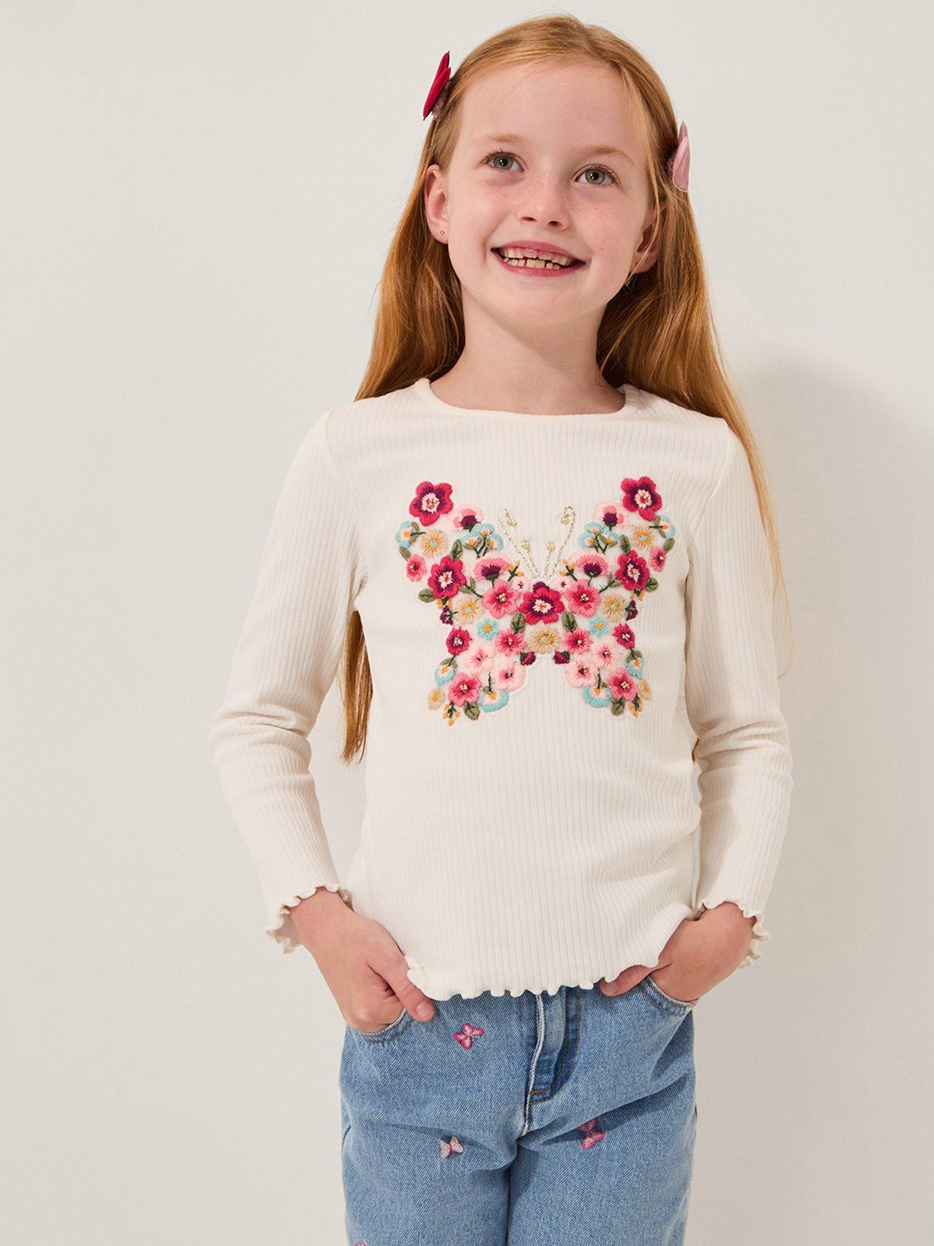 Monsoon Girls Butterfly Embroidered Ribbed Top - Light Cream