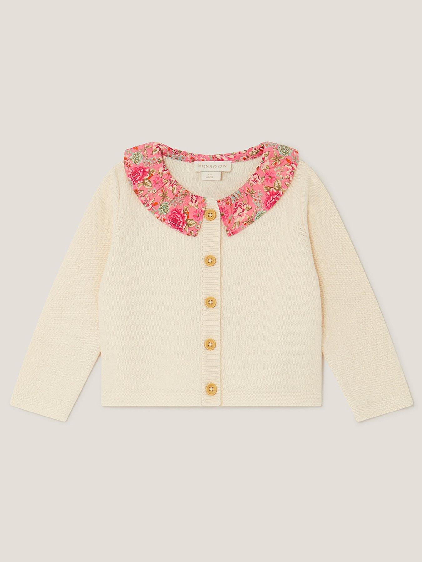 Monsoon Baby Girls Woven Ditsy Frill Collar Cardigan - Light Cream