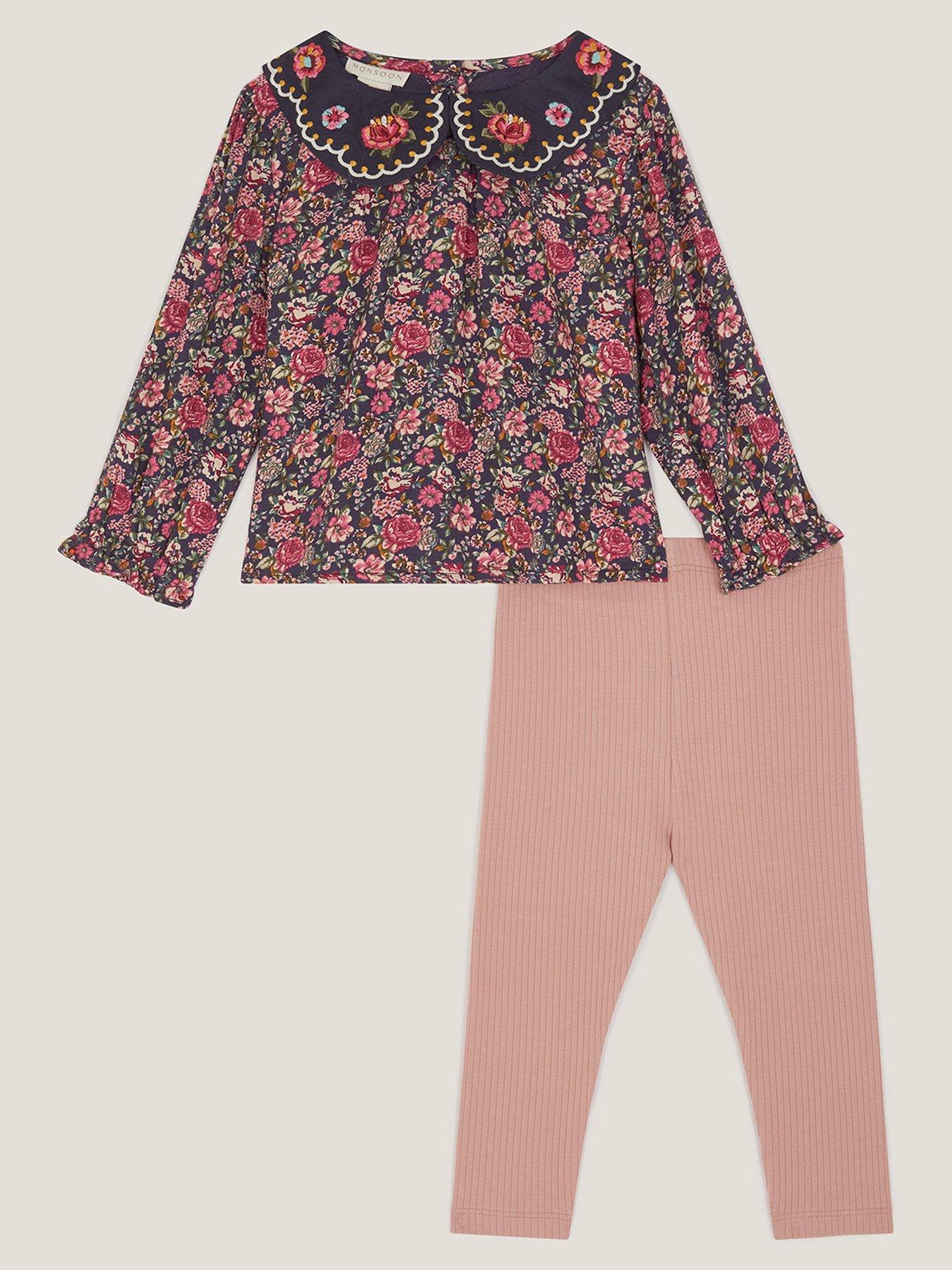 Monsoon Baby Girls Floral Blouse And Legging Set - Navy