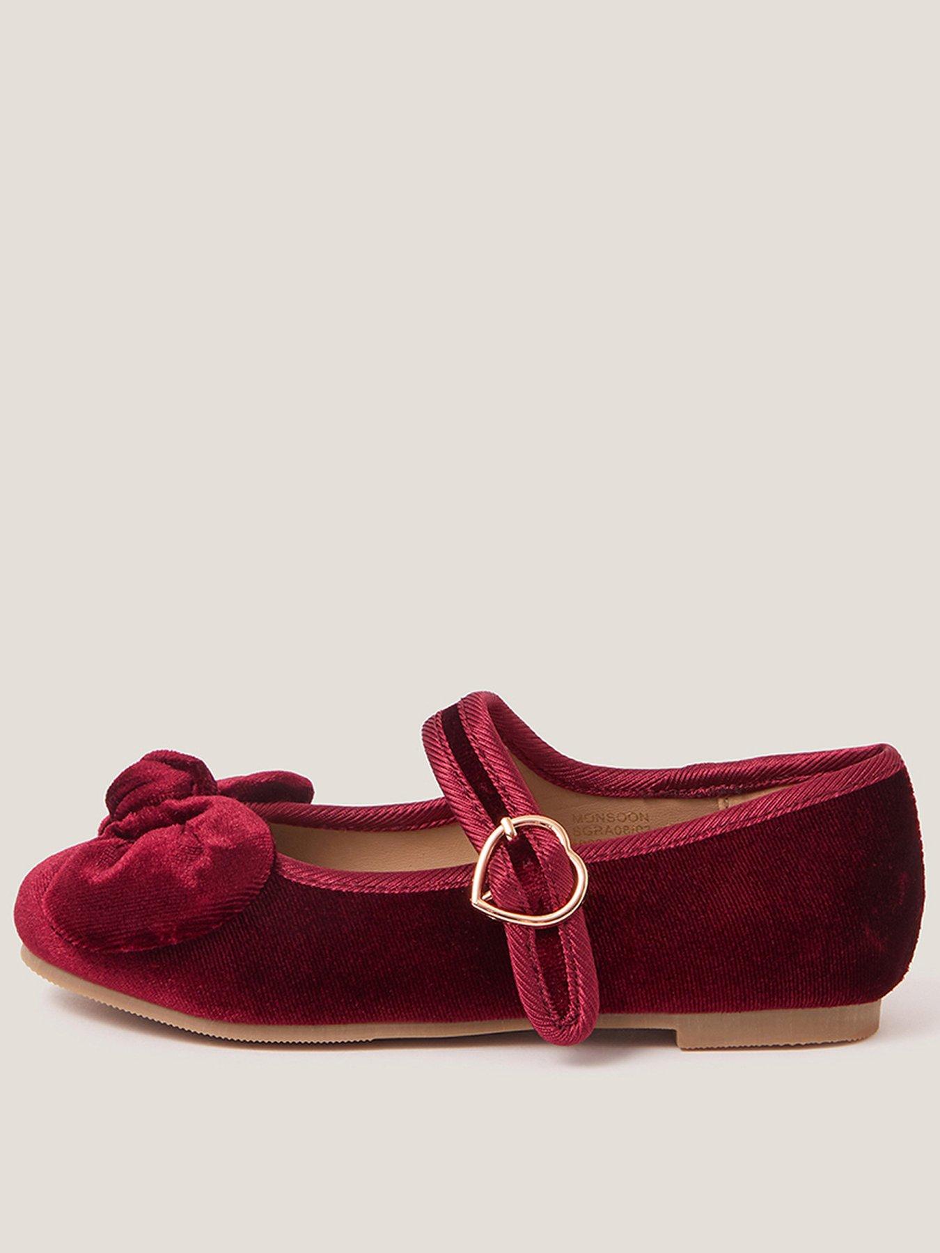 Monsoon Girls Velvet Bow Ballerina Shoes - Dark Red