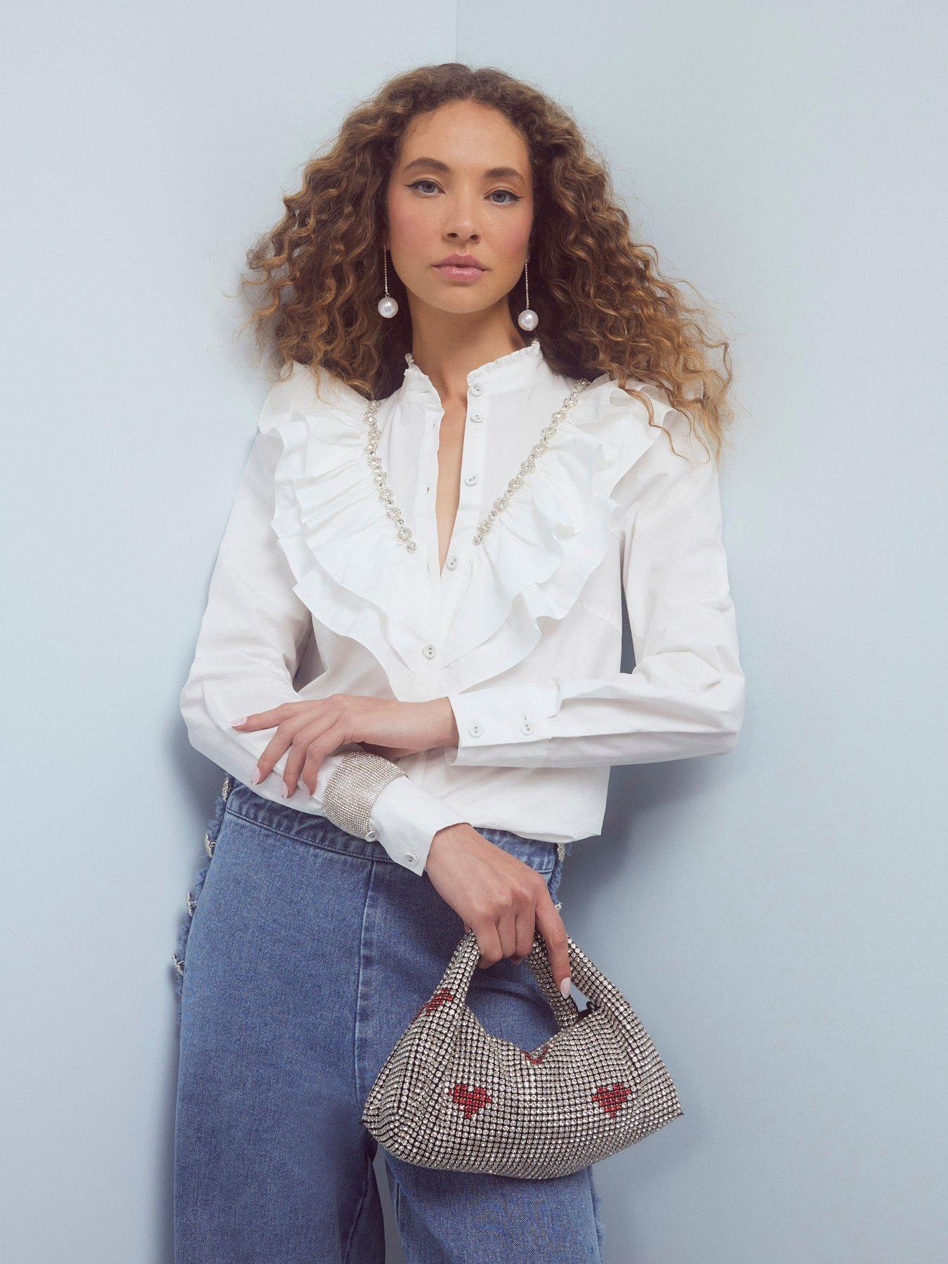 Image 3 of 4 of River Island Diamante Ruffle Shirt - White