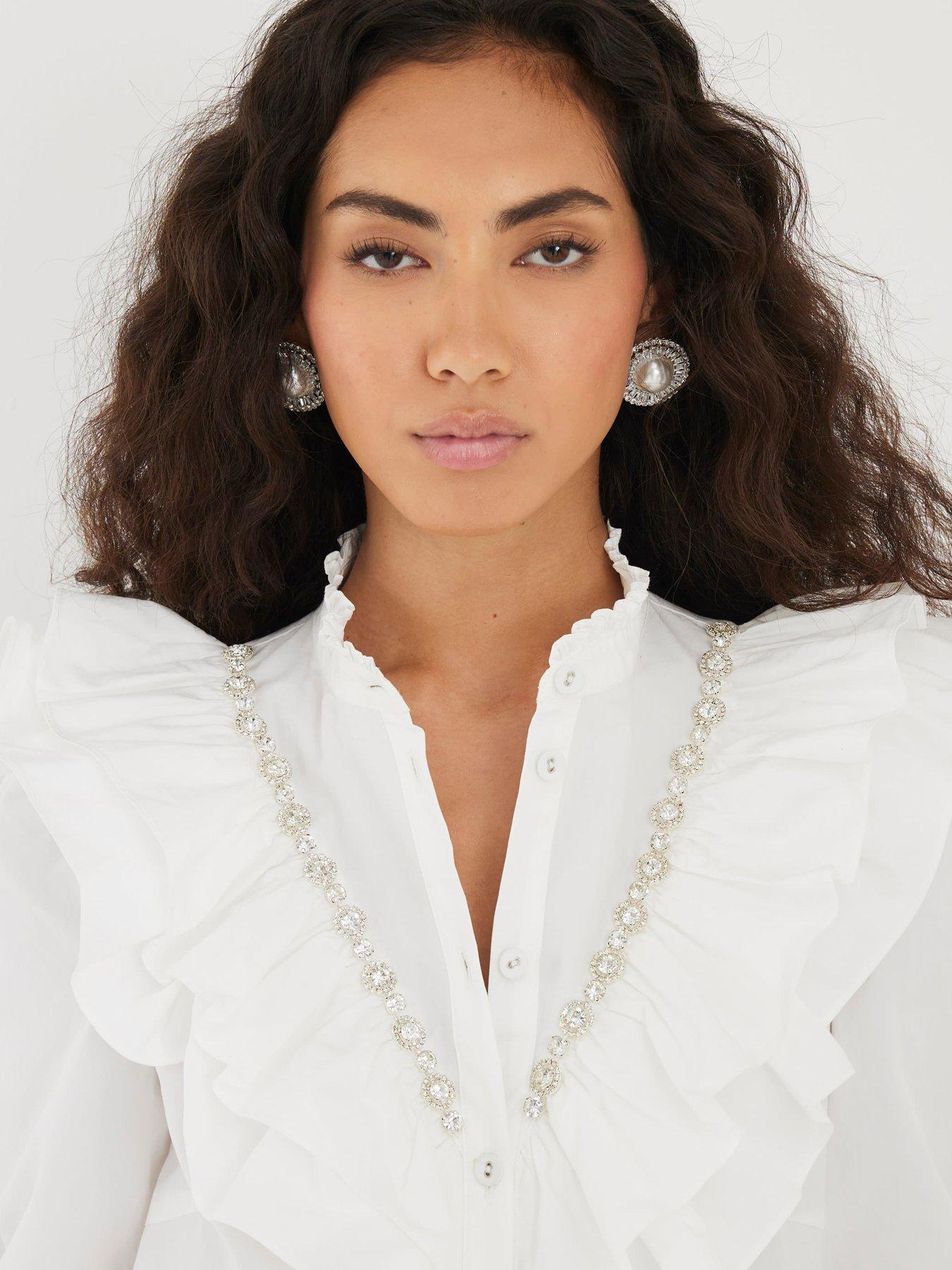 Image 4 of 4 of River Island Diamante Ruffle Shirt - White