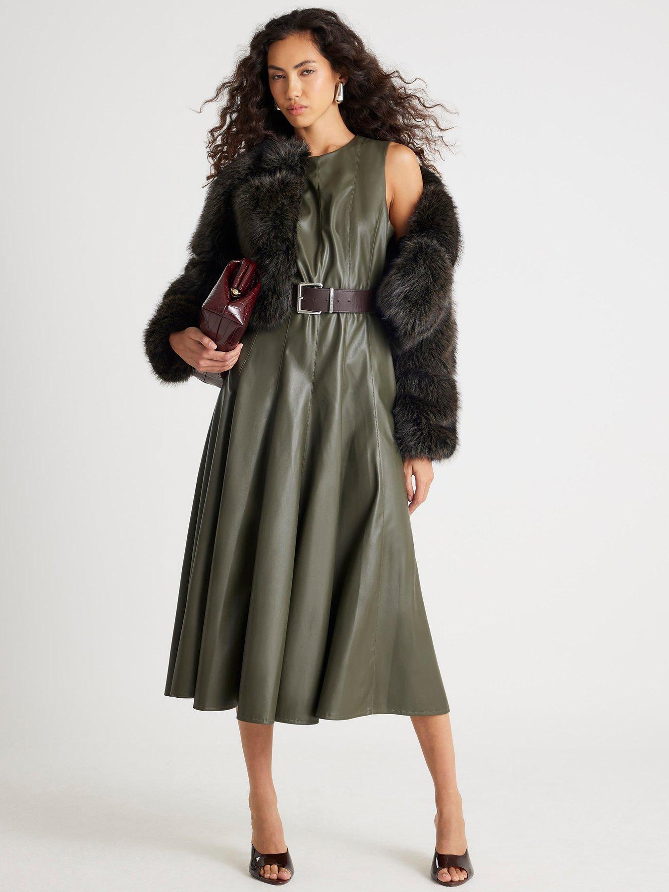 River Island Faux Leather Midi Dress - Khaki