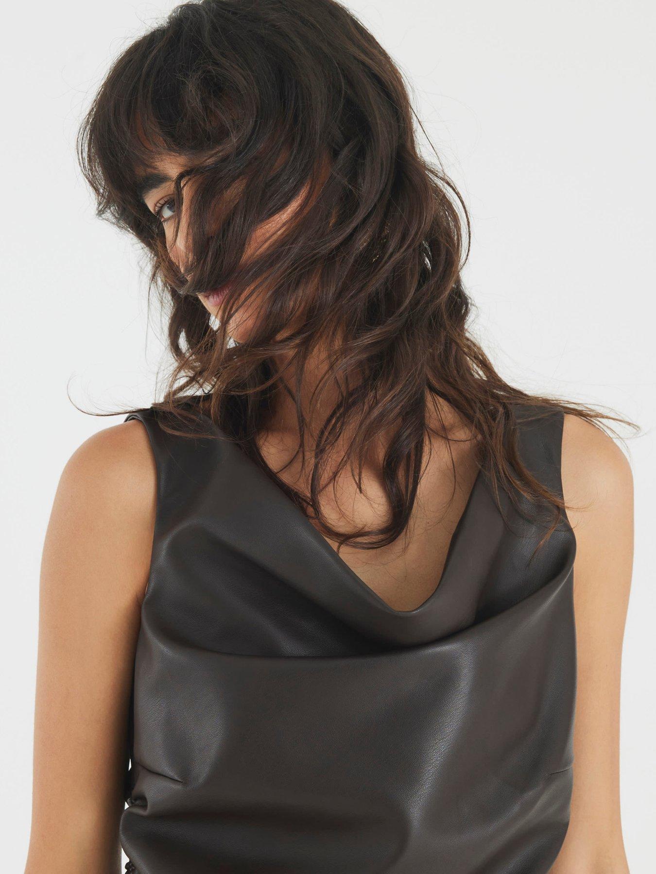 river-island-ruched-pu-sleeveless-top-brownoutfit