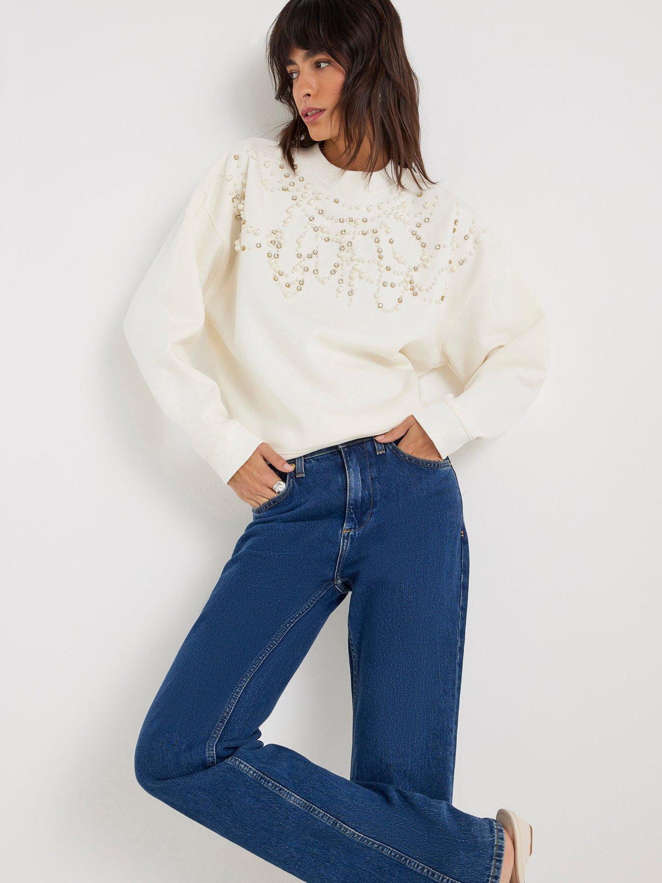 River Island Long Sleeve Pearl Diamante Trim Sweat - Cream