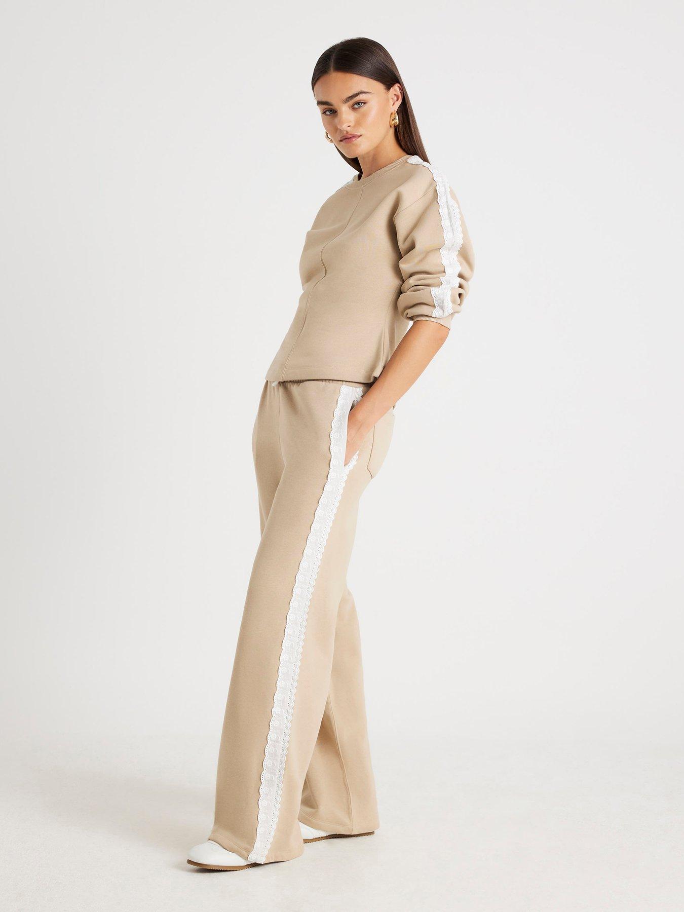 Image 1 of 4 of River Island Lace Trim Wide Leg Jogger - Beige