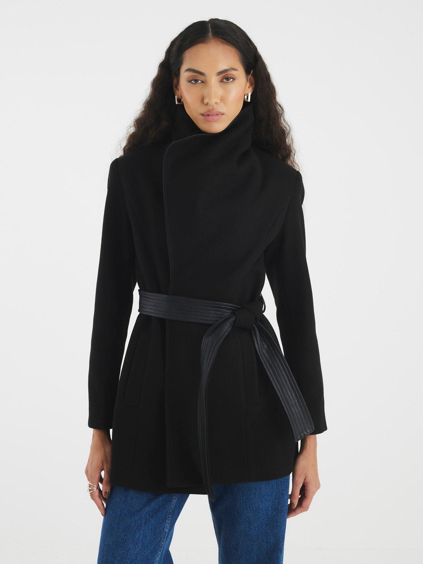 River Island Pu Trim Wrap Coat - Black