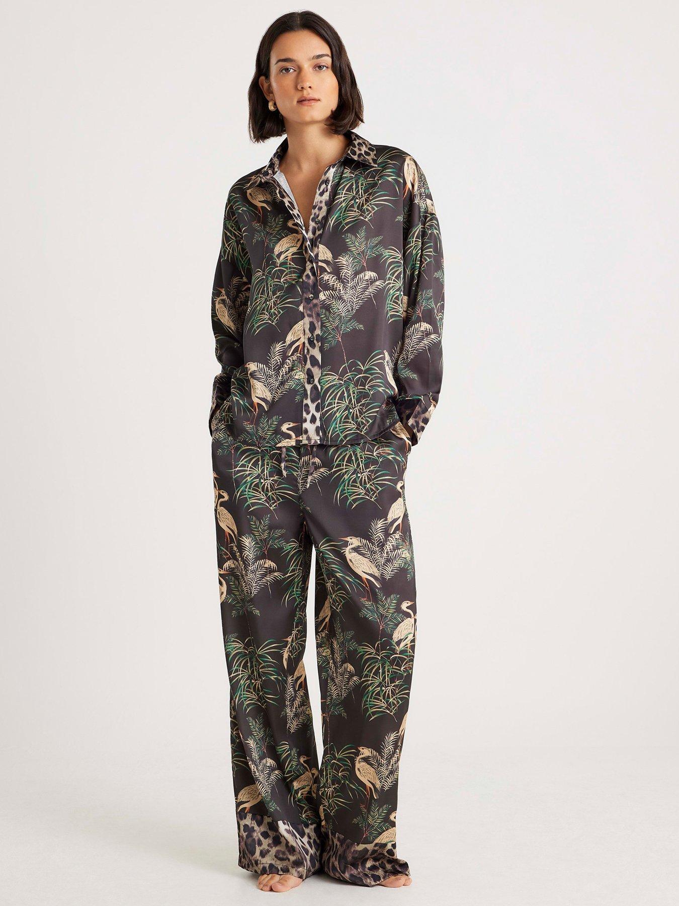 Image 1 of 4 of River Island Bird Print Satin Pyjama Set - Black