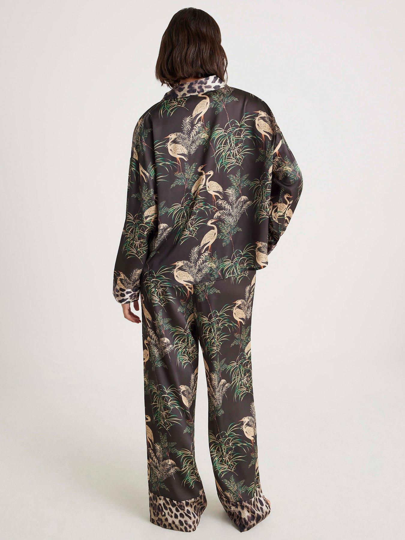Image 2 of 4 of River Island Bird Print Satin Pyjama Set - Black