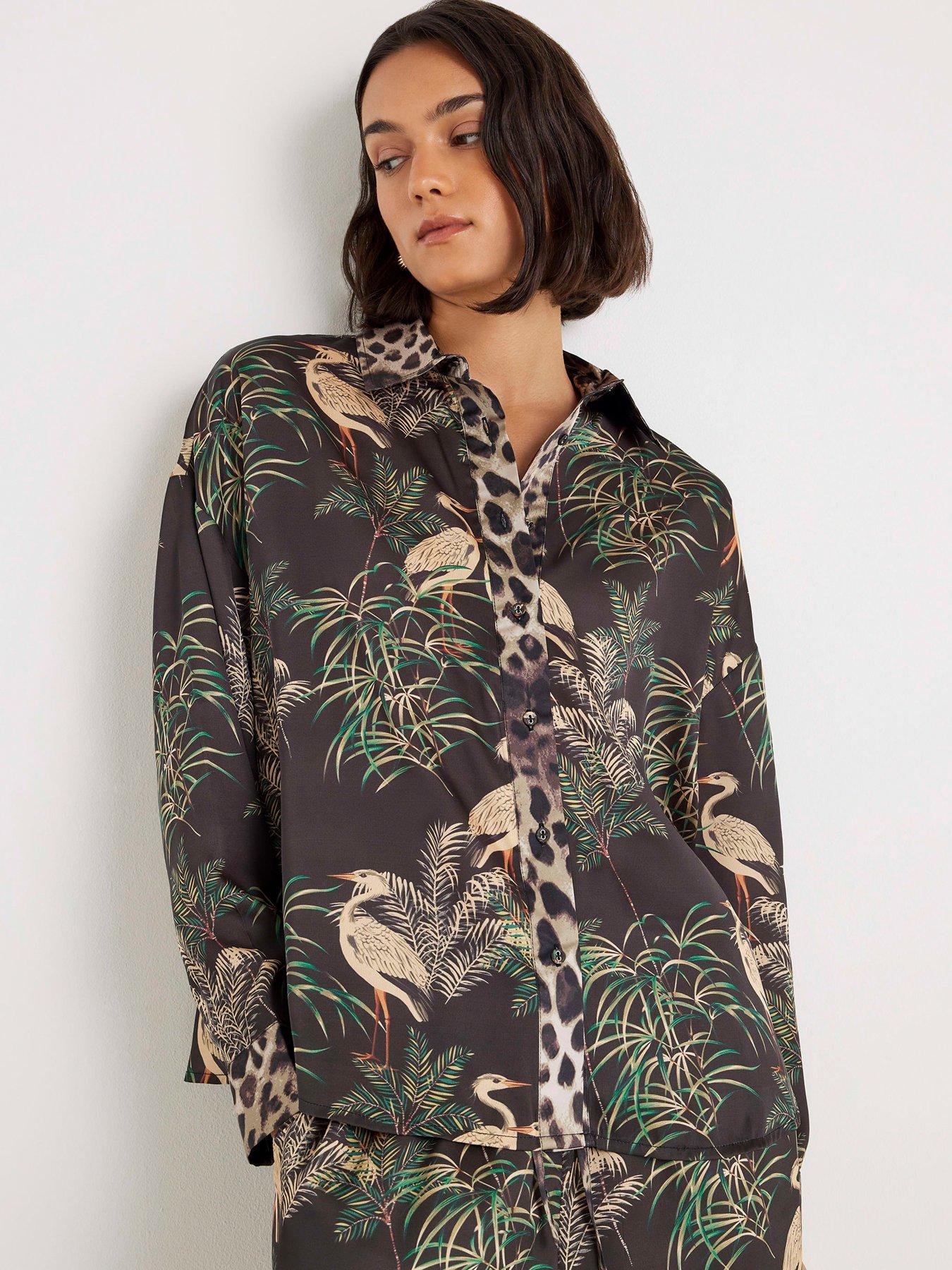 Image 3 of 4 of River Island Bird Print Satin Pyjama Set - Black