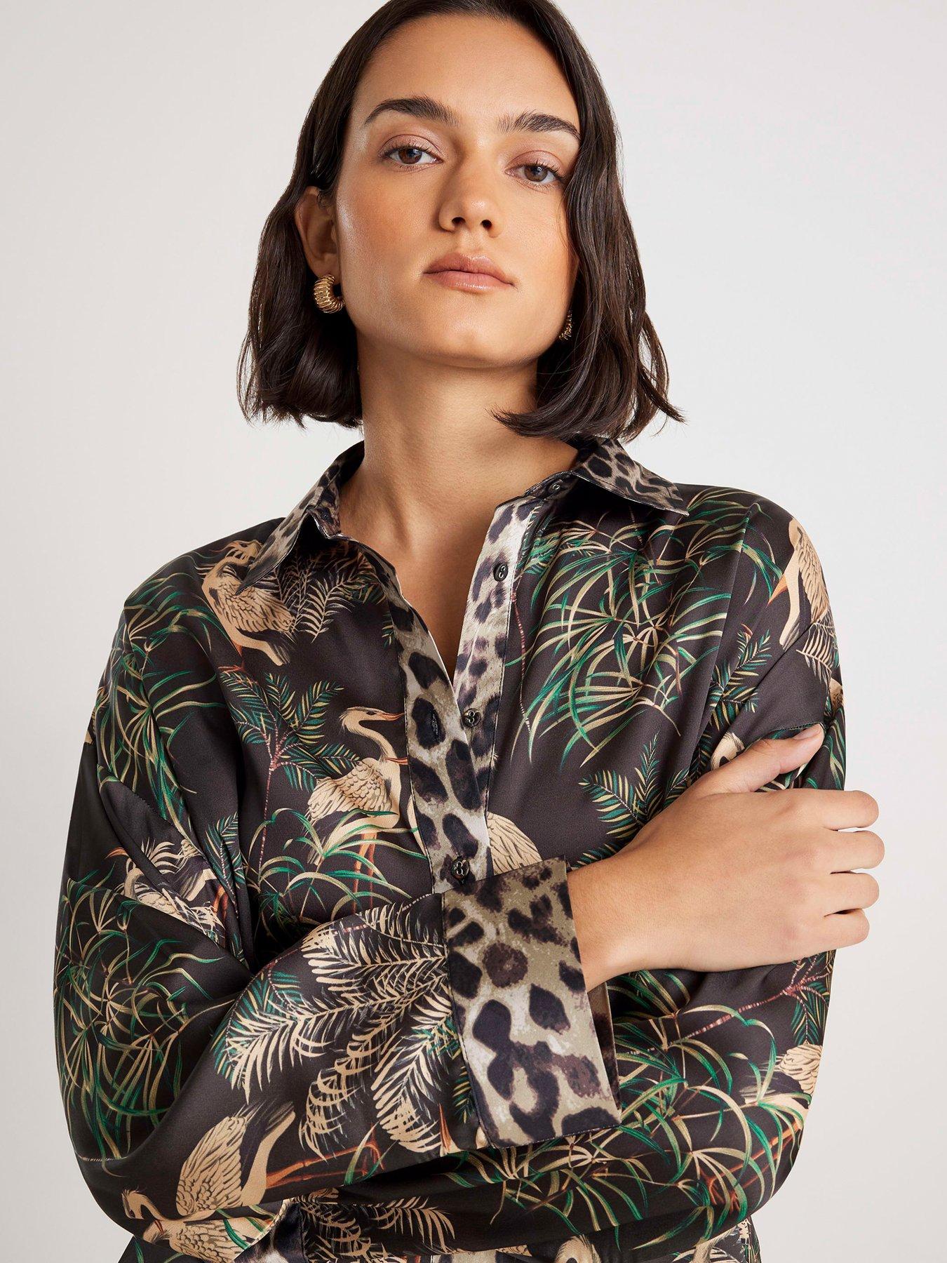 Image 4 of 4 of River Island Bird Print Satin Pyjama Set - Black
