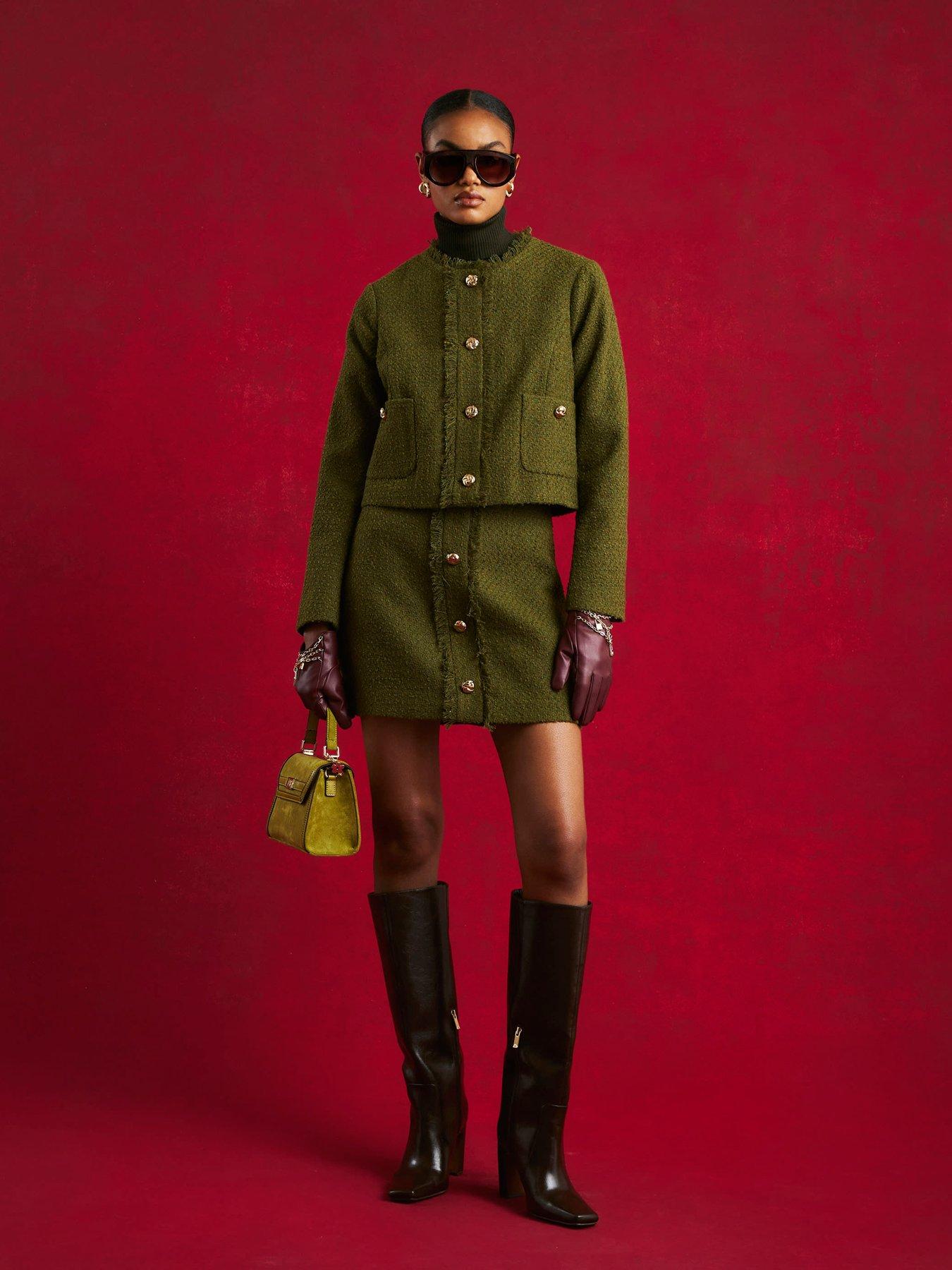 River Island Patch Pocket Boucle Jacket - Green