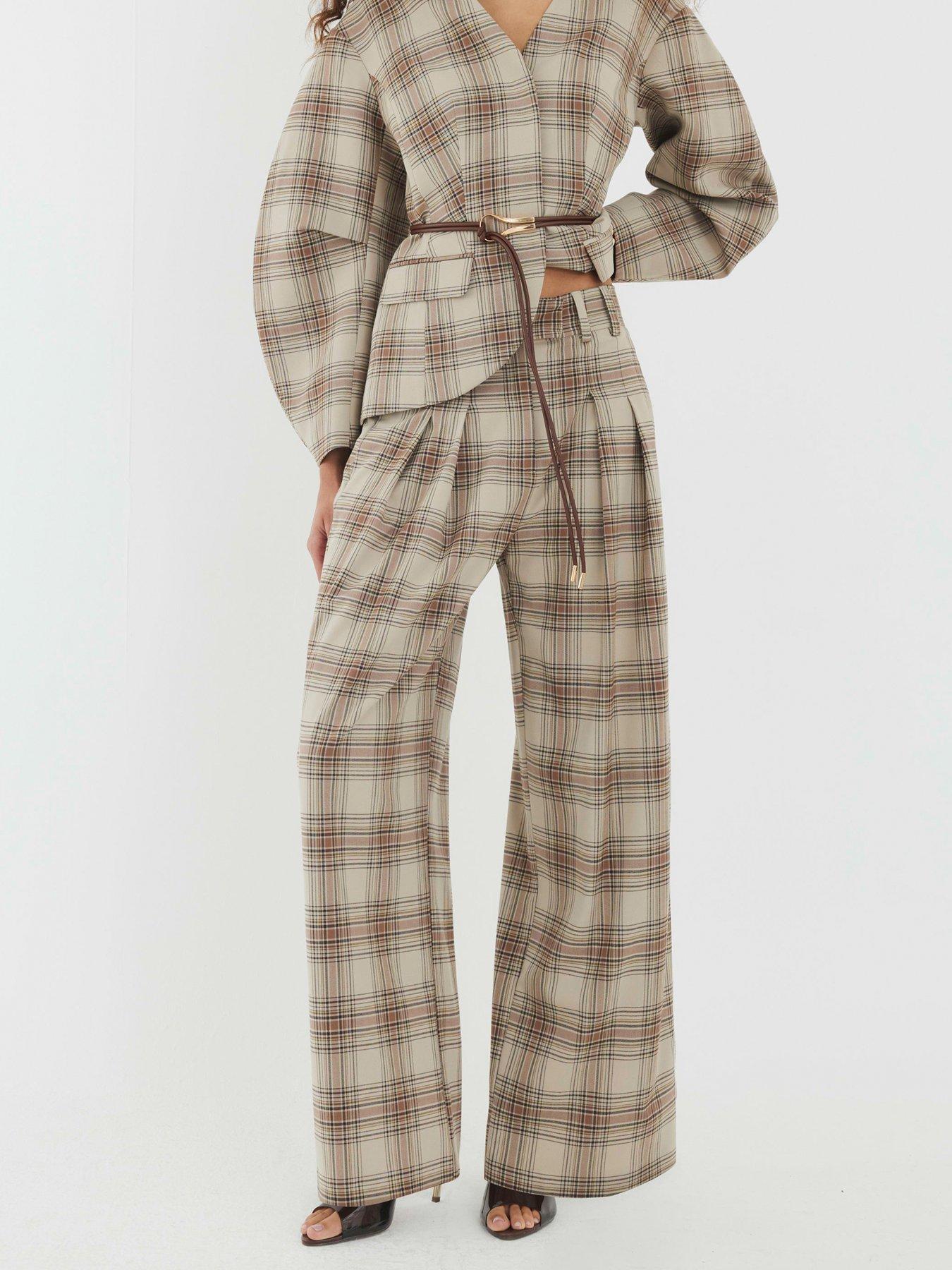 River Island Check Wide Leg Trouser - Beige