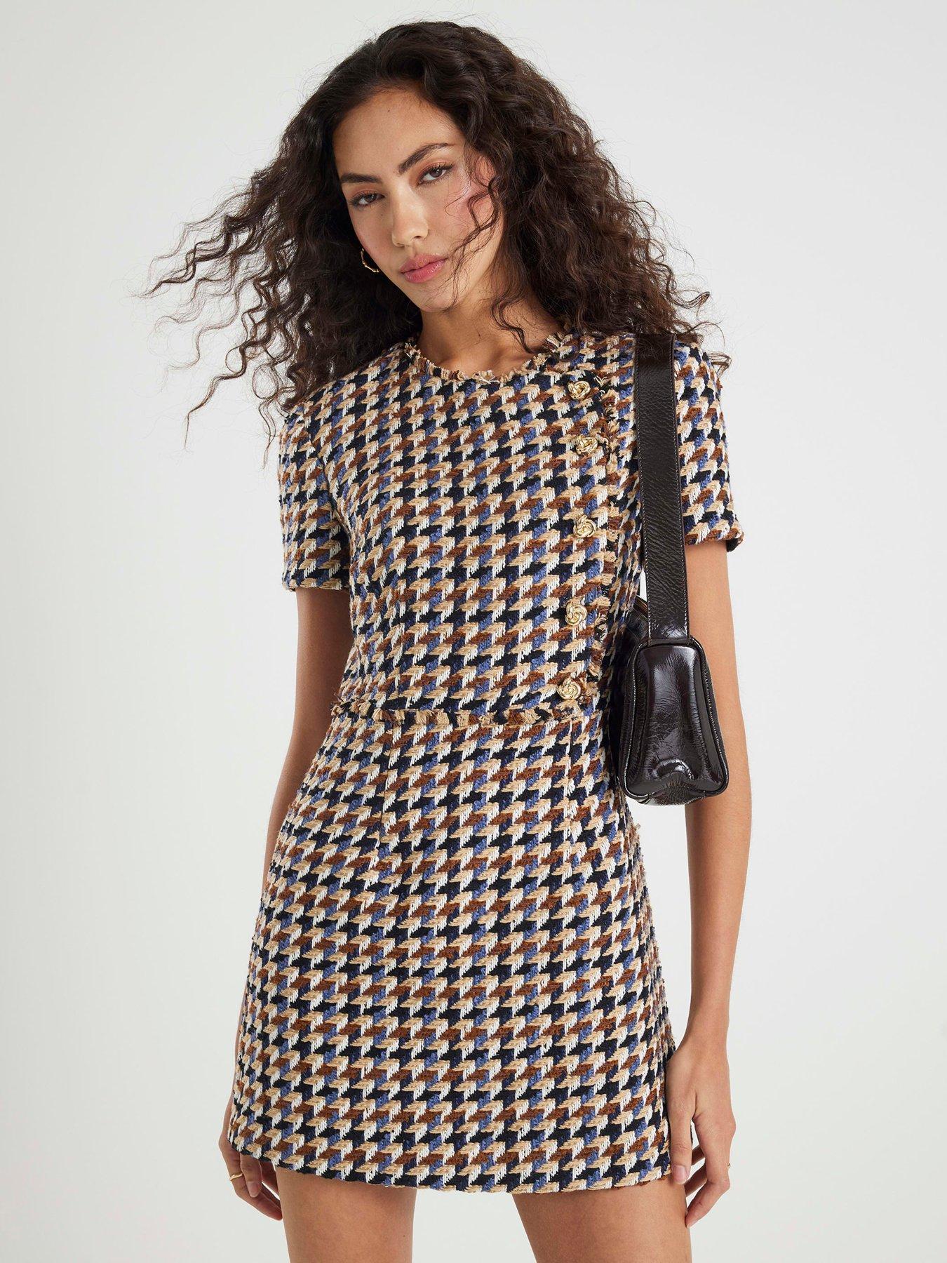 River Island Short Sleeve Boucle Check Mini Dress - Brown