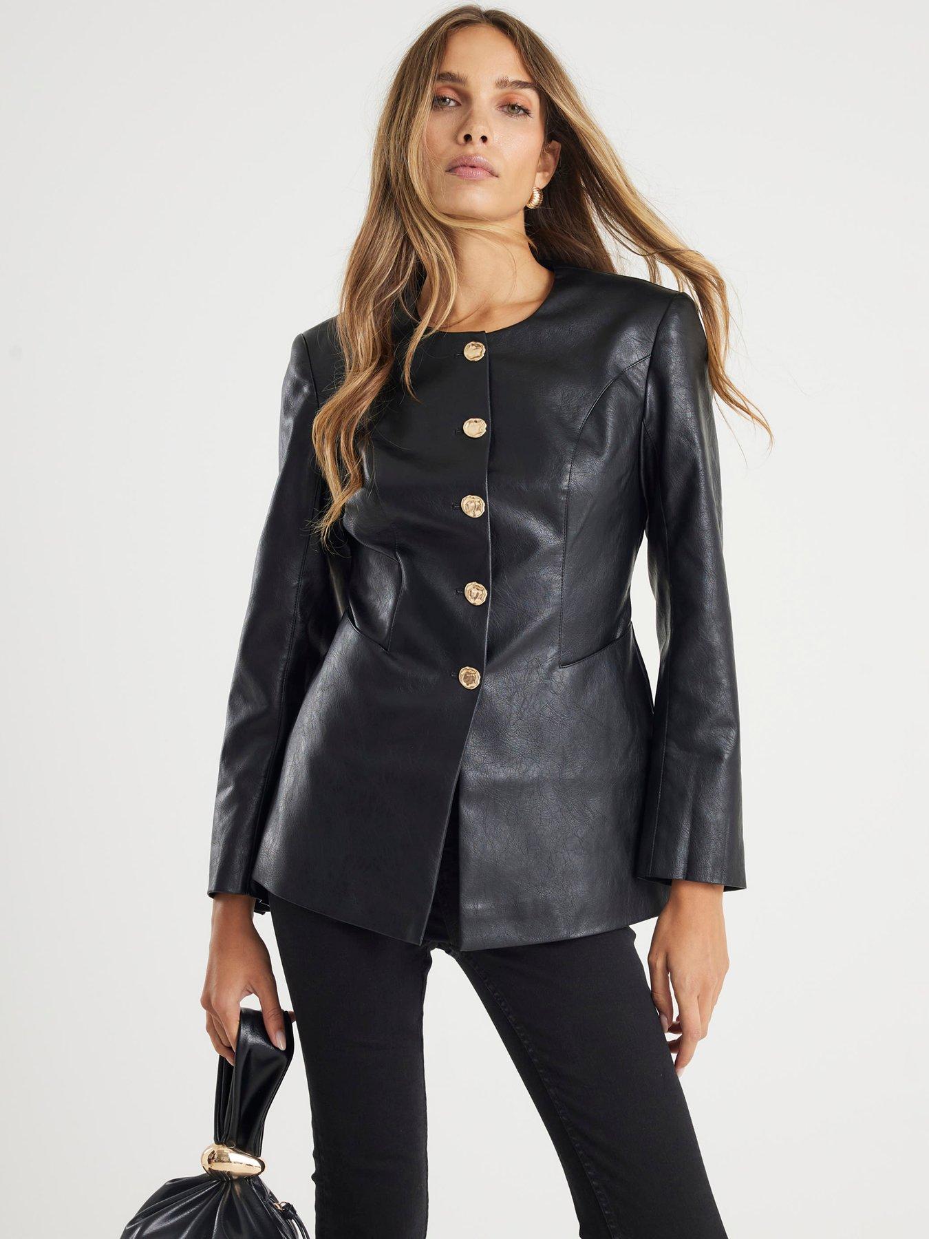 River Island Gold Button Pu Collarless Jacket - Black