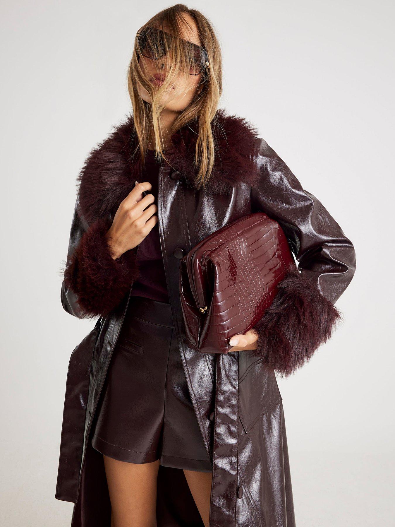 River Island Pu Faux Fur Trim Trench Coat - Red