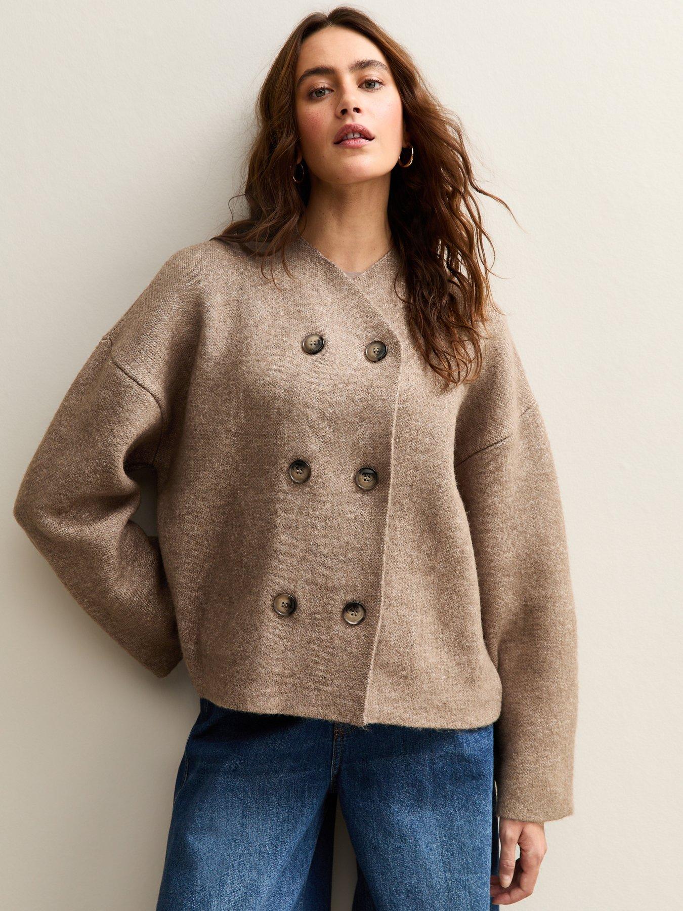 Image 1 of 5 of New Look Double Breasted Button Front Cardigan - Brown