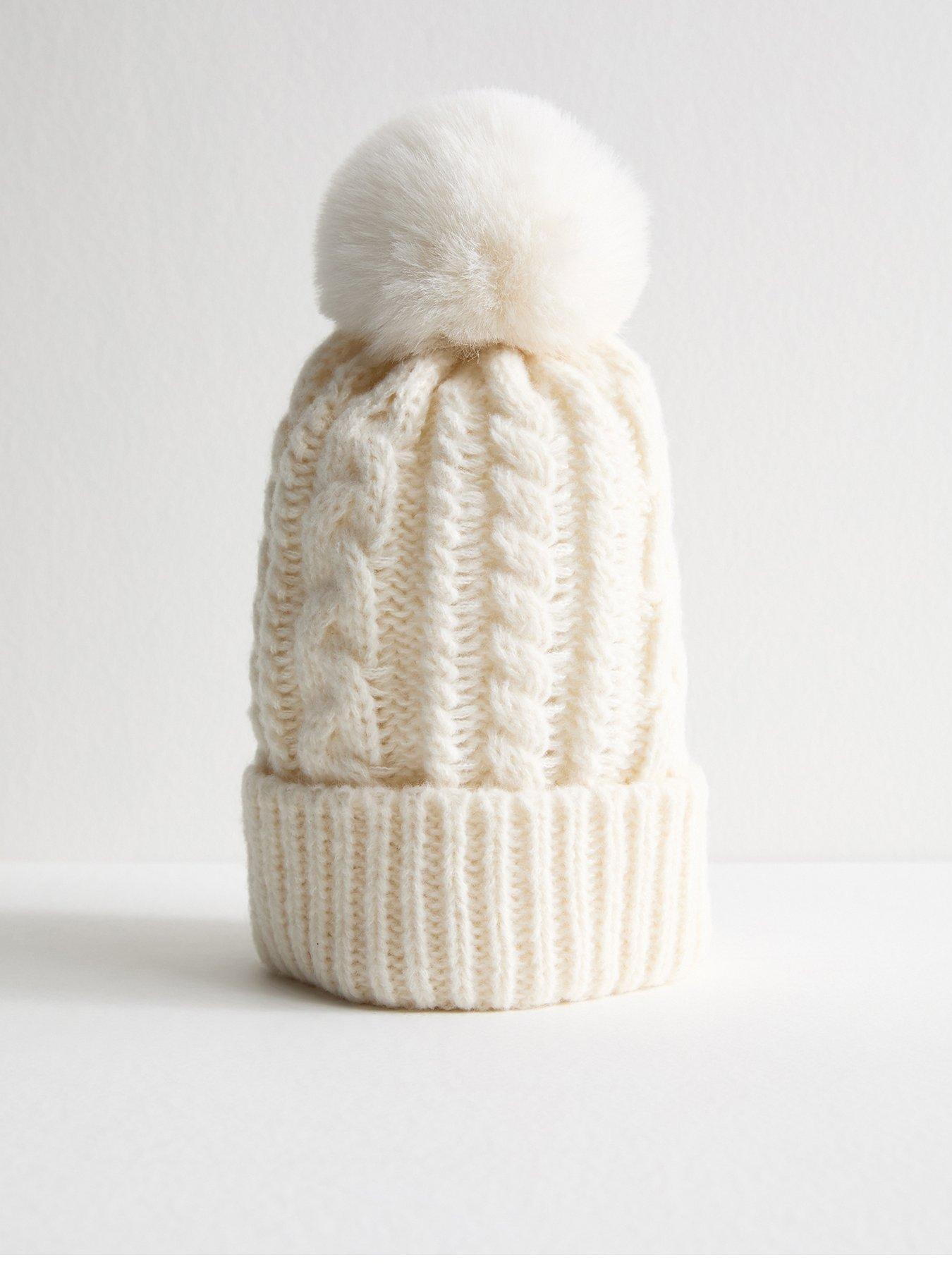 New Look Cream Cable Knit Faux Fur Pom Pom Bobble Hat