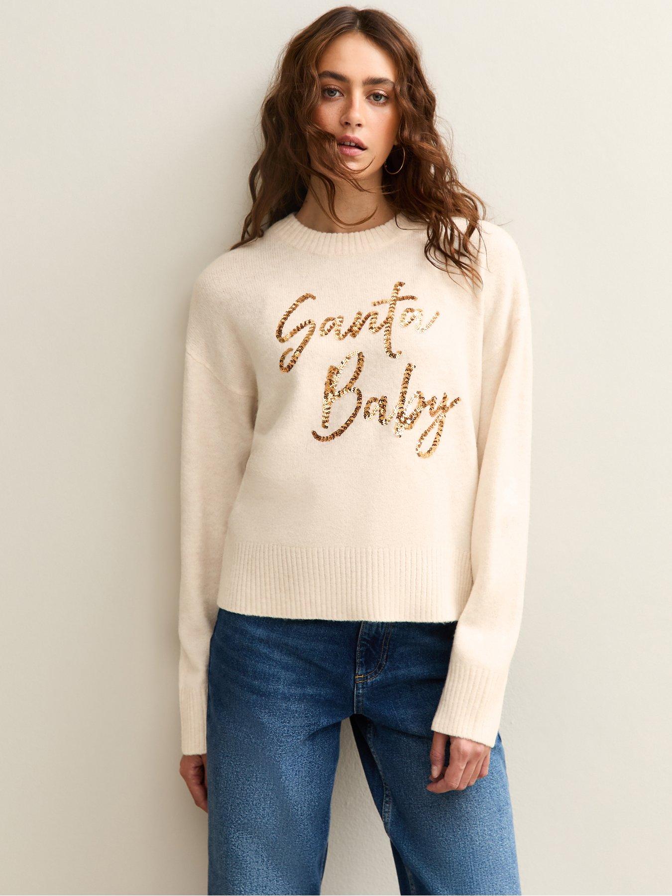 new-look-christmas-sequinned-santa-baby-slogan-jumper-beige