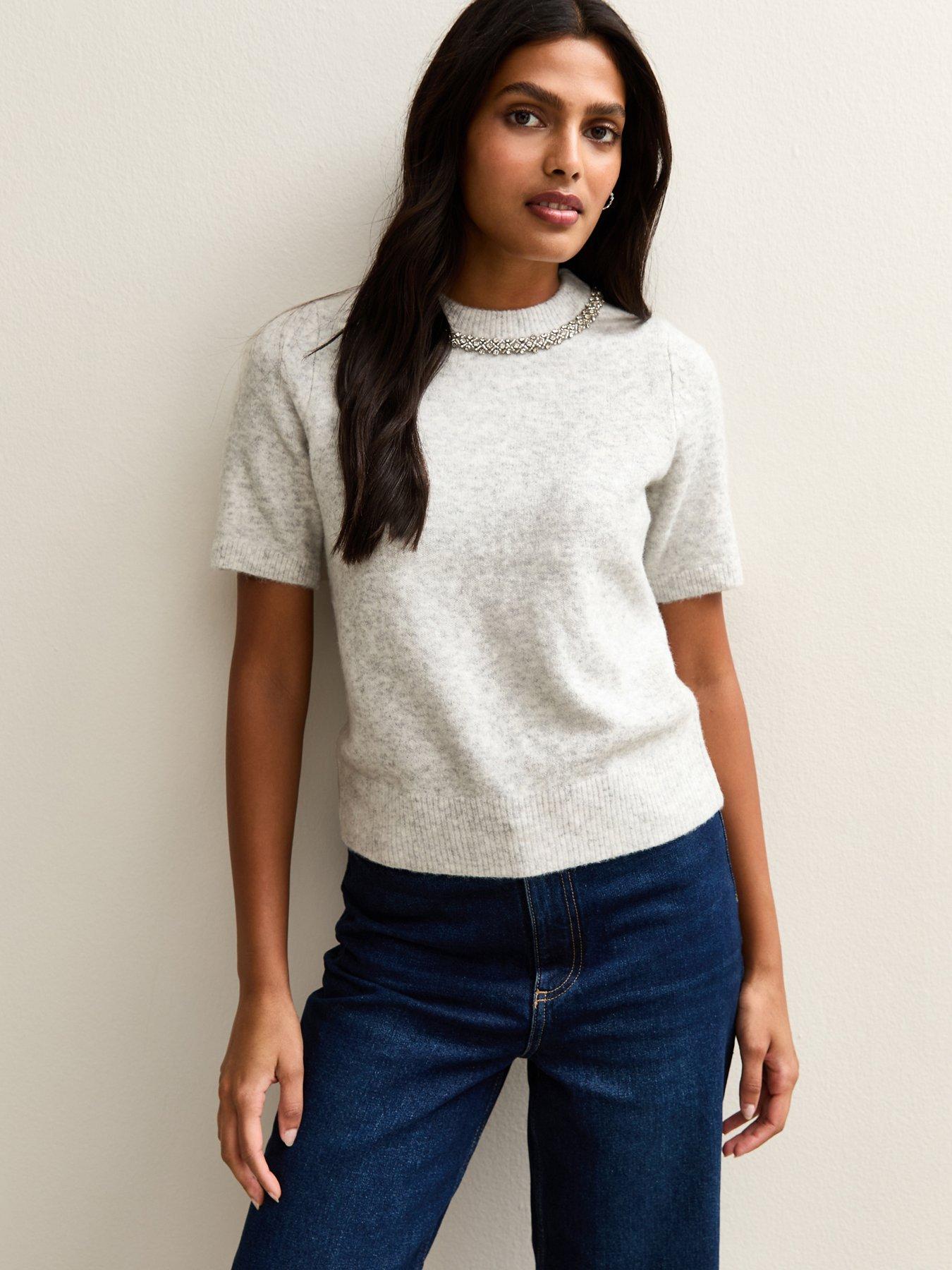 Image 1 of 6 of New Look Embellished Neck Short Sleeve Top - Light Grey
