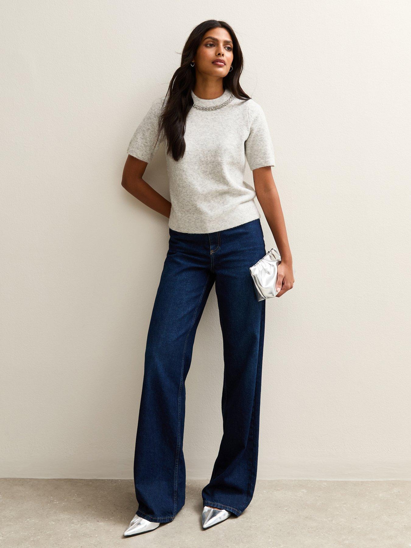 Image 3 of 6 of New Look Embellished Neck Short Sleeve Top - Light Grey