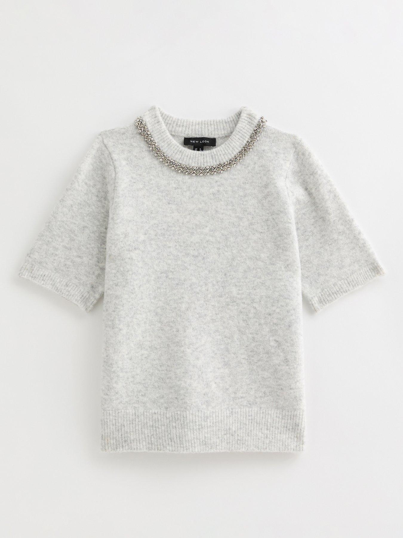 Image 6 of 6 of New Look Embellished Neck Short Sleeve Top - Light Grey