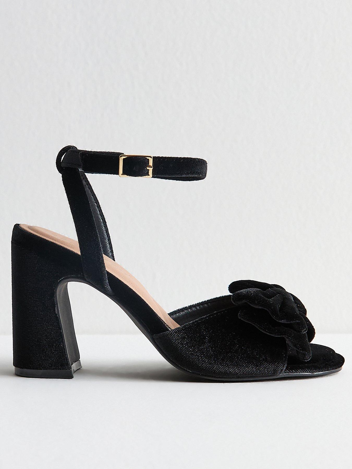 Image 1 of 6 of New Look Wide Fit Black Velvet Bow Block Heel Sandals